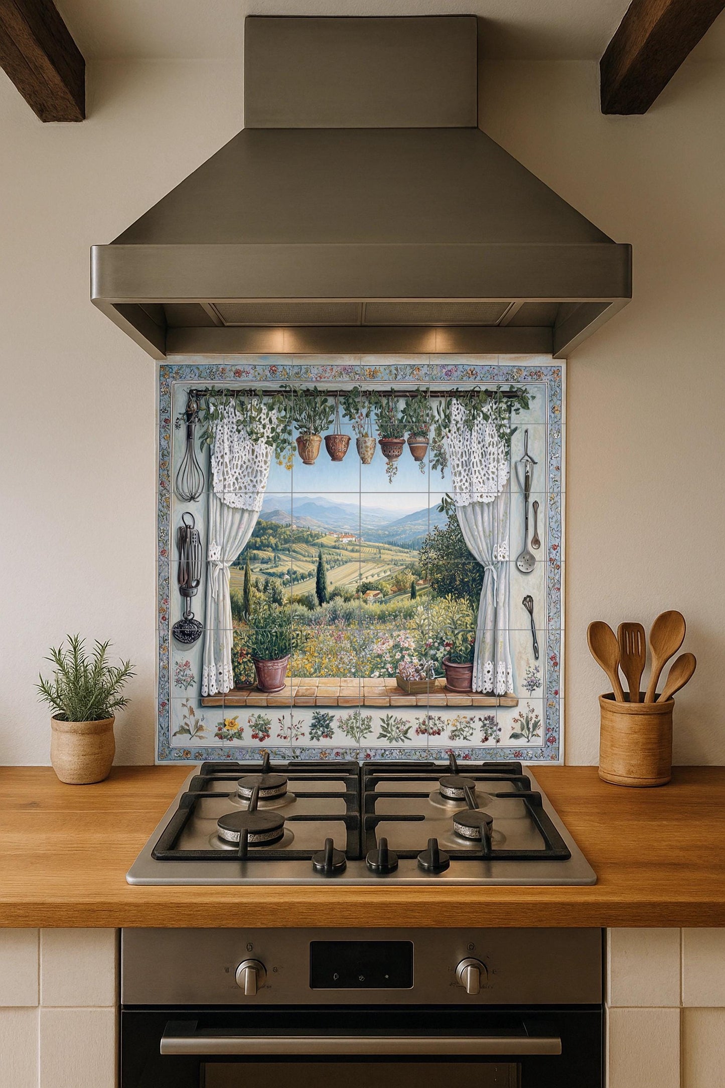 Ceramic tile mural overlooking the Tuscan countryside and vineyard hills, rustic Provençal kitchen backsplash, Mediterranean rustic style villa