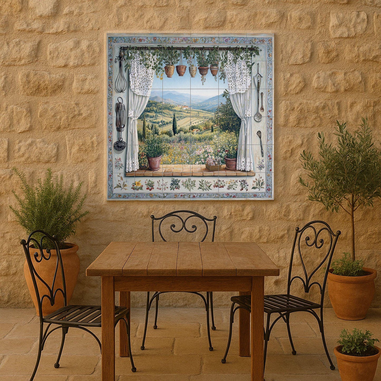 Ceramic tile mural overlooking the Tuscan countryside and vineyard hills, rustic Provençal kitchen backsplash, Mediterranean rustic style villa
