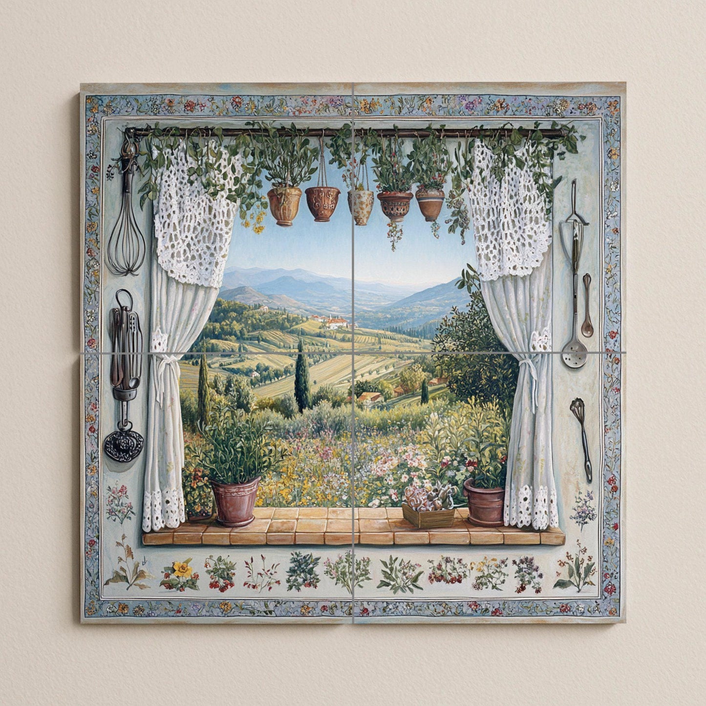 Ceramic tile mural overlooking the Tuscan countryside and vineyard hills, rustic Provençal kitchen backsplash, Mediterranean rustic style villa