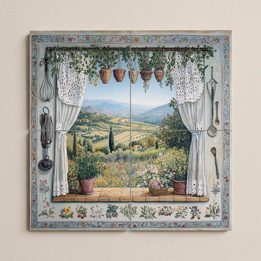 Ceramic tile mural overlooking the Tuscan countryside and vineyard hills, rustic Provençal kitchen backsplash, Mediterranean rustic style villa