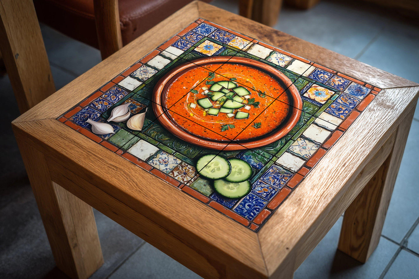 Ceramic tile mural of Andalusian gazpacho with rustic terracotta bowl and Spanish tile border, kitchen panel of tapas from Cordoba, Seville and Granada.