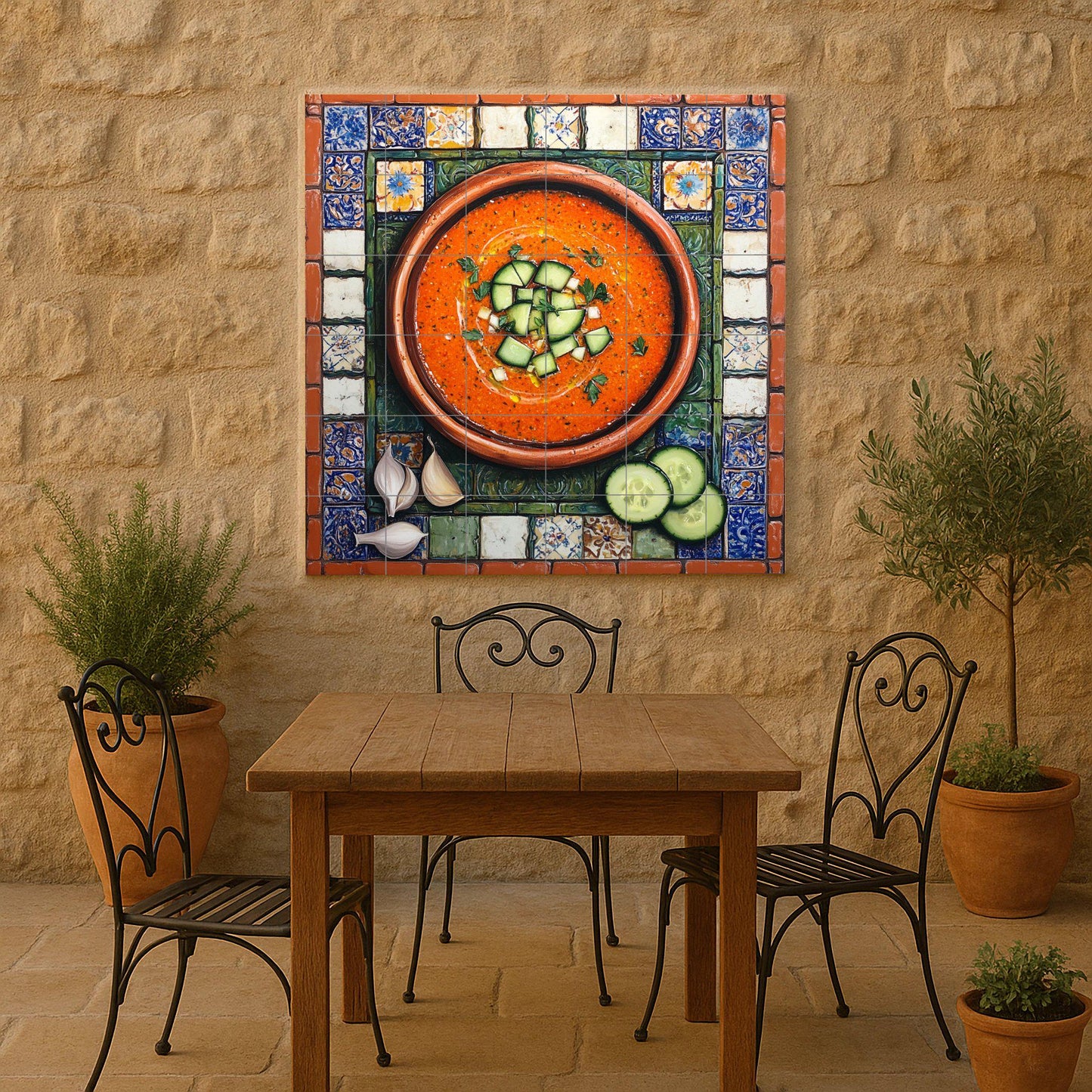 Ceramic tile mural of Andalusian gazpacho with rustic terracotta bowl and Spanish tile border, kitchen panel of tapas from Cordoba, Seville and Granada.