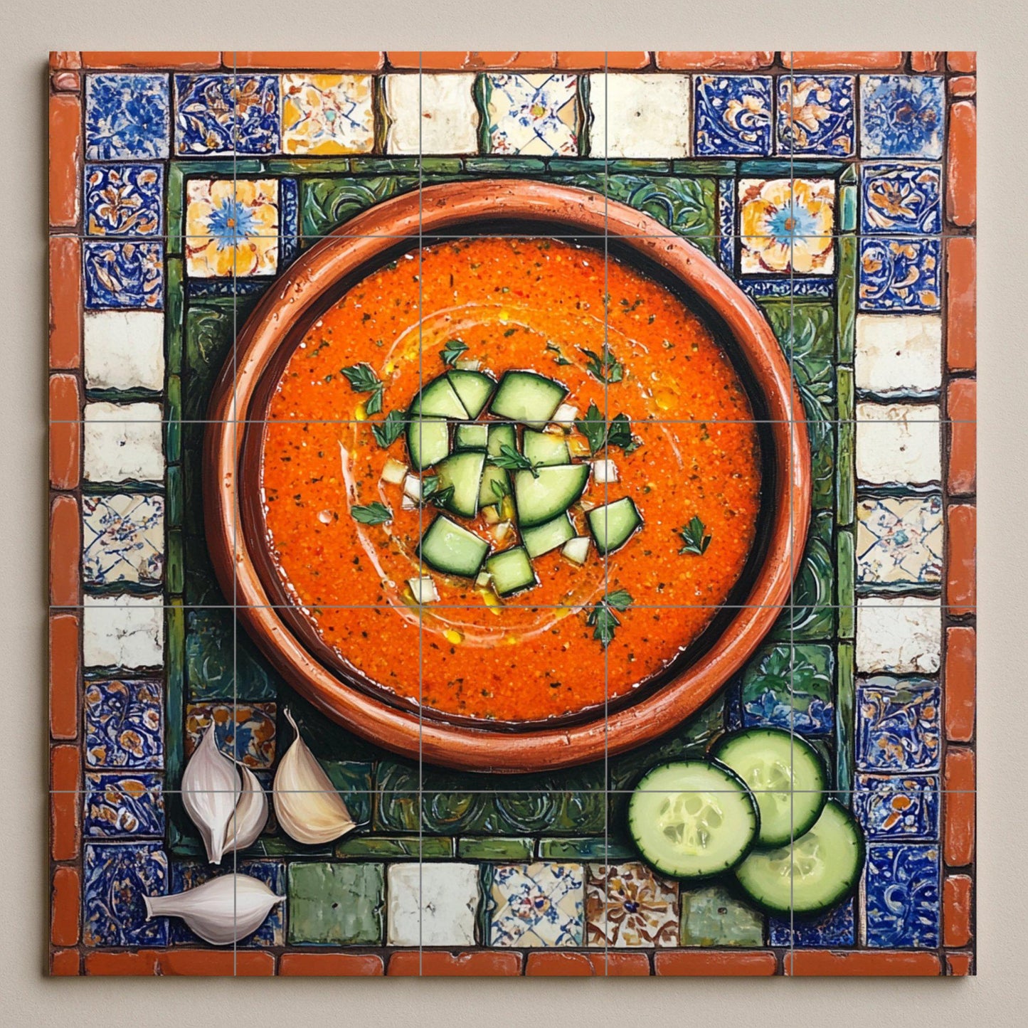 Ceramic tile mural of Andalusian gazpacho with rustic terracotta bowl and Spanish tile border, kitchen panel of tapas from Cordoba, Seville and Granada.