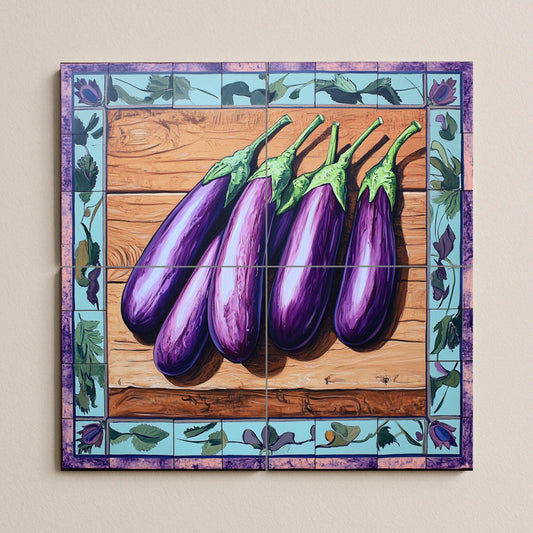 Mediterranean aubergine colored ceramic tile mural with rustic wood background and floral border, Sicilian melamine kitchen backsplash