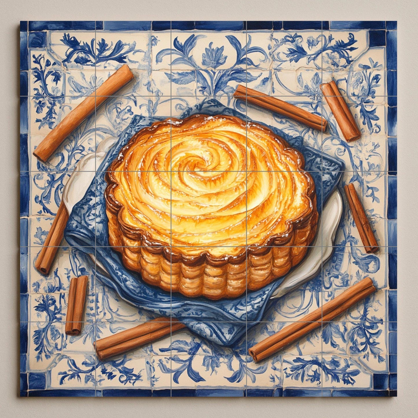 Portuguese Pastel de Nata Ceramic Tile Mural with Cinnamon Sticks and Lisbon Tile Border, Pastry Kitchen Backsplash, Custard Tart