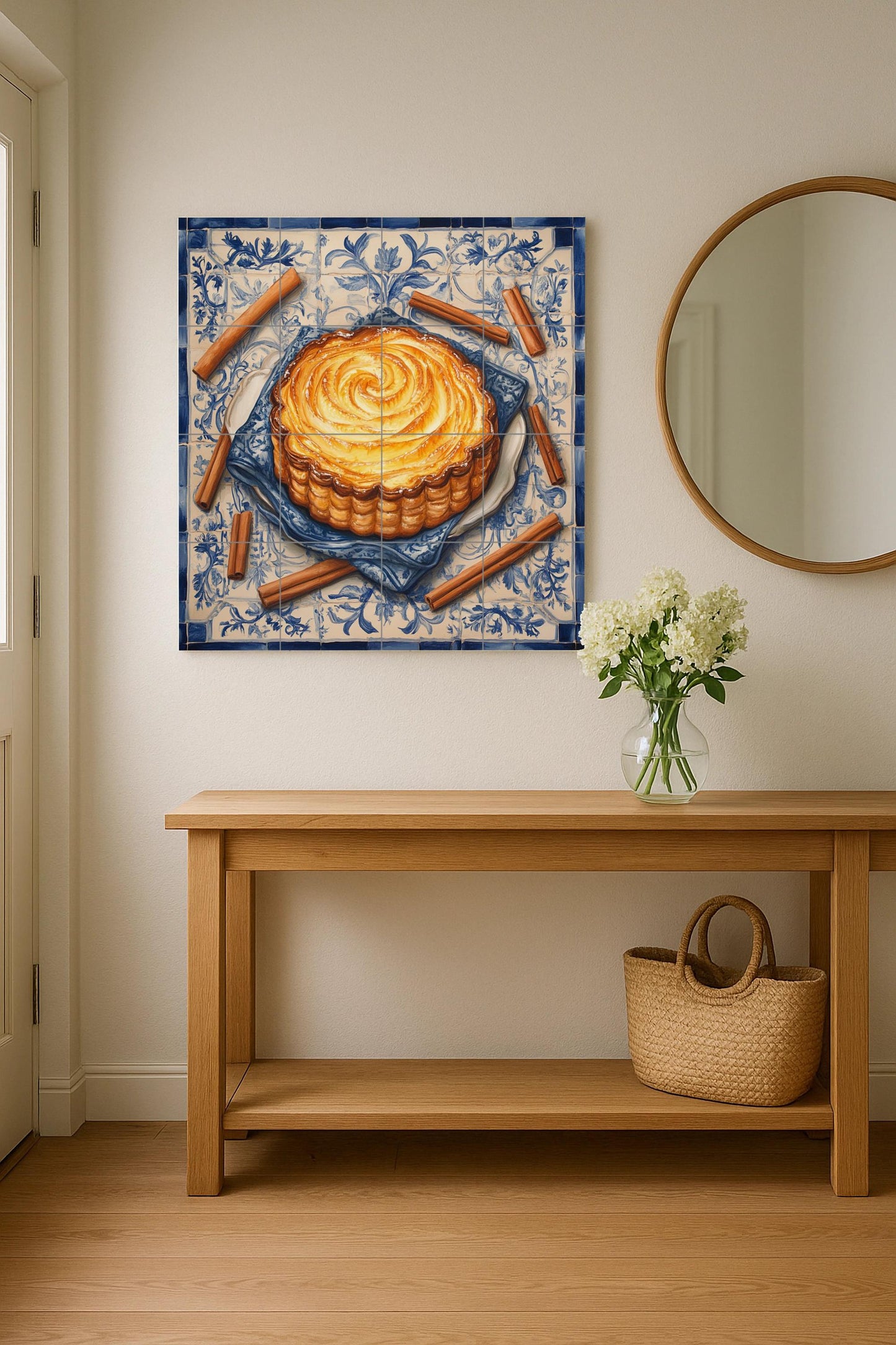Portuguese Pastel de Nata Ceramic Tile Mural with Cinnamon Sticks and Lisbon Tile Border, Pastry Kitchen Backsplash, Custard Tart