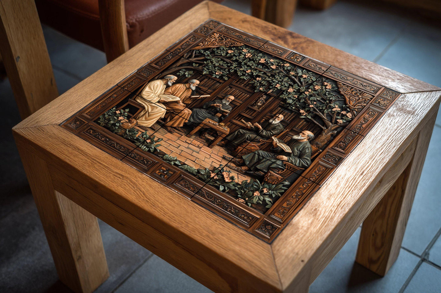 Medieval monastic ceramic tile mural with scholars reading in cloister library, panel of Renaissance humanist philosophers, neo-Gothic wall