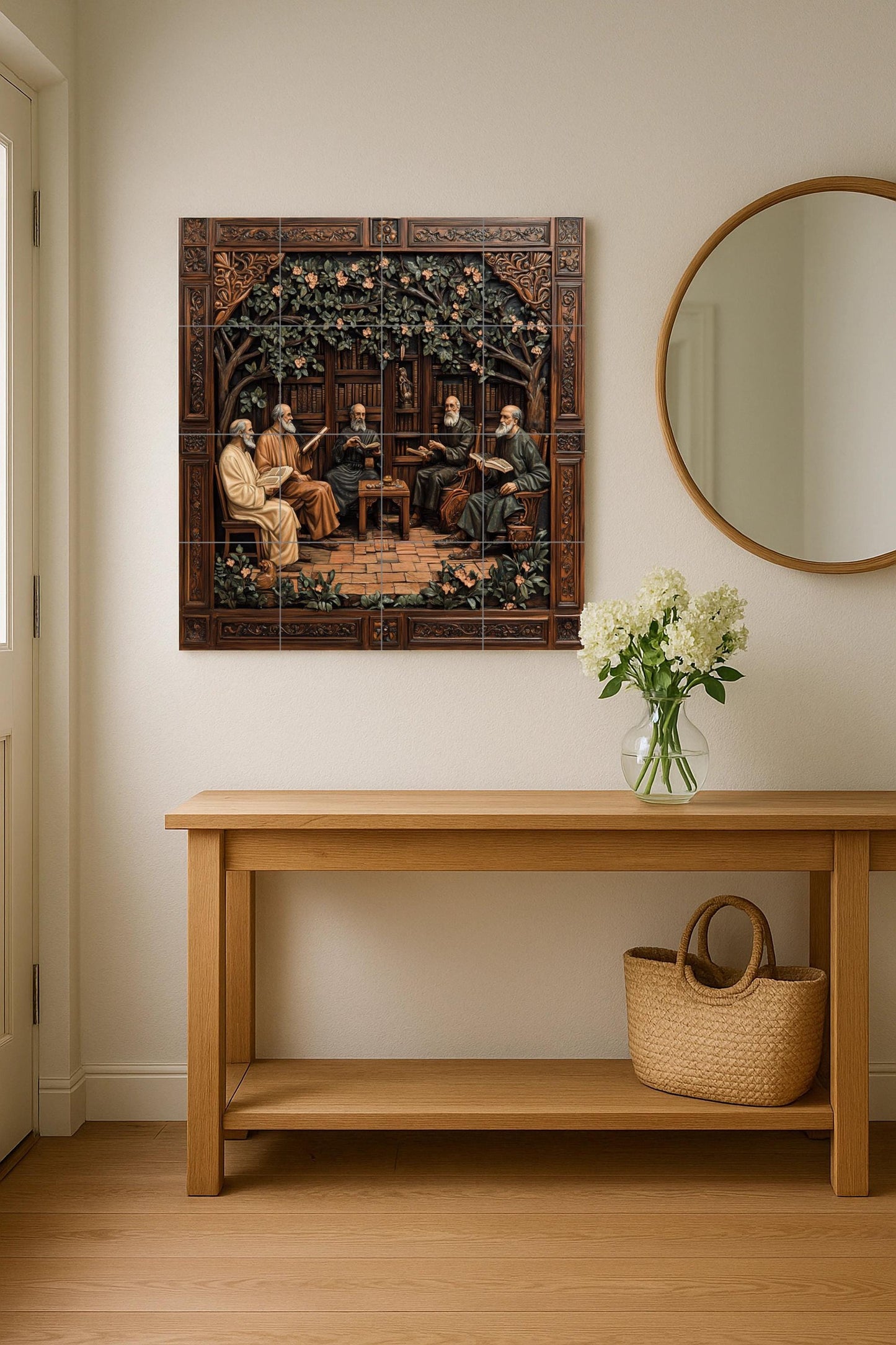 Medieval monastic ceramic tile mural with scholars reading in cloister library, panel of Renaissance humanist philosophers, neo-Gothic wall