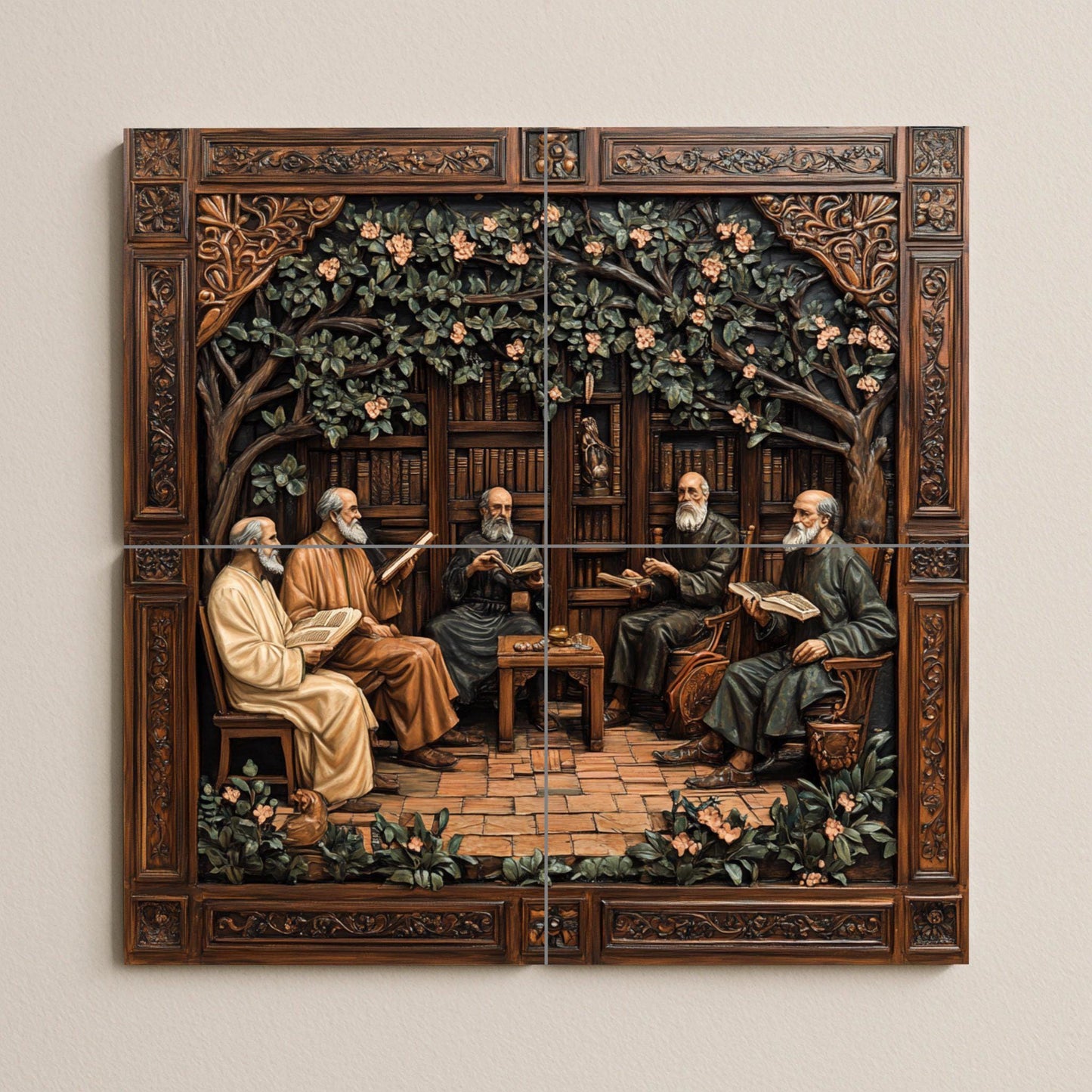 Medieval monastic ceramic tile mural with scholars reading in cloister library, panel of Renaissance humanist philosophers, neo-Gothic wall