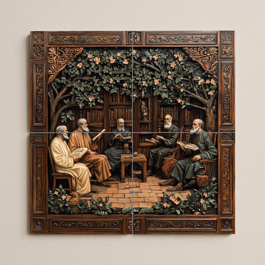 Medieval monastic ceramic tile mural with scholars reading in cloister library, panel of Renaissance humanist philosophers, neo-Gothic wall