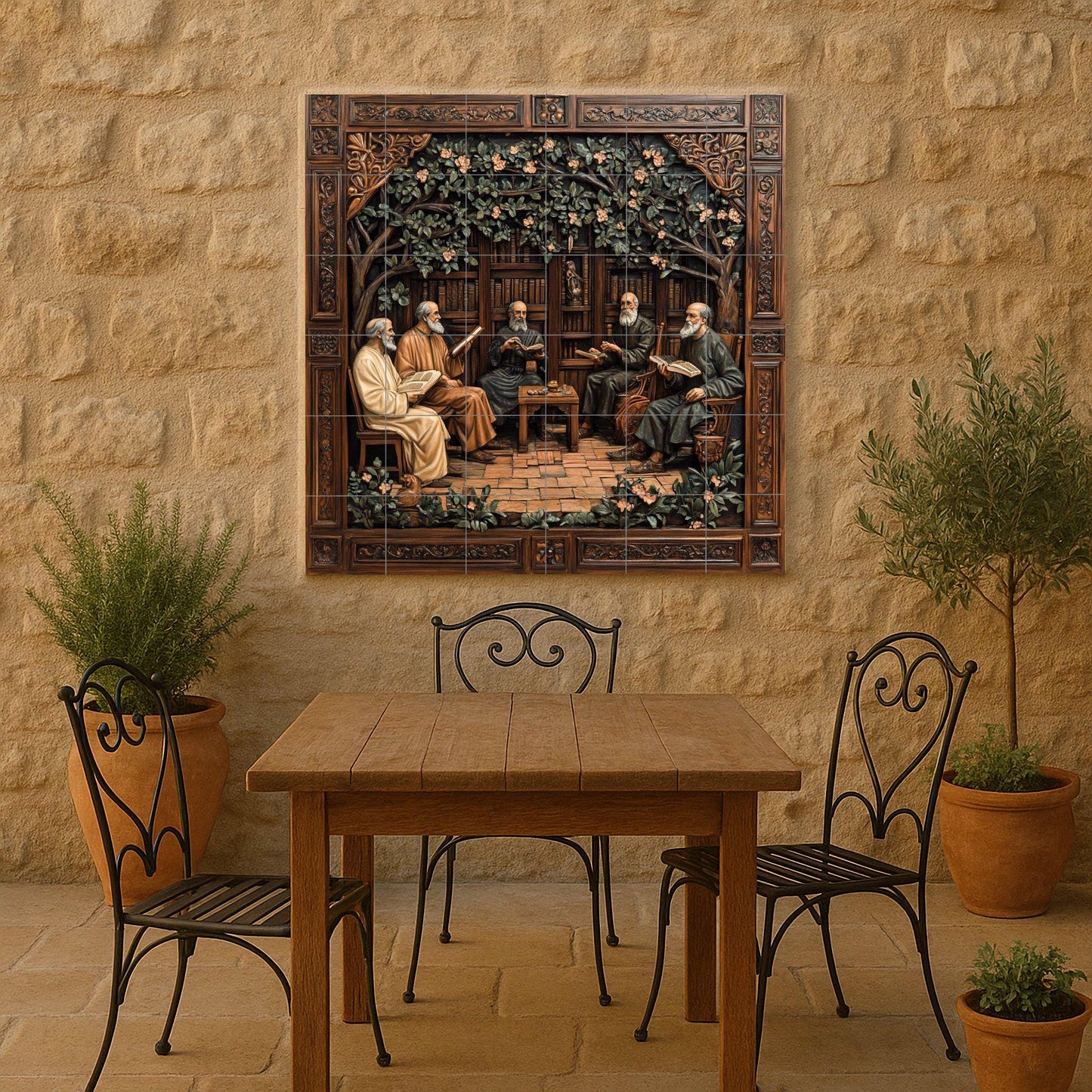 Medieval monastic ceramic tile mural with scholars reading in cloister library, panel of Renaissance humanist philosophers, neo-Gothic wall