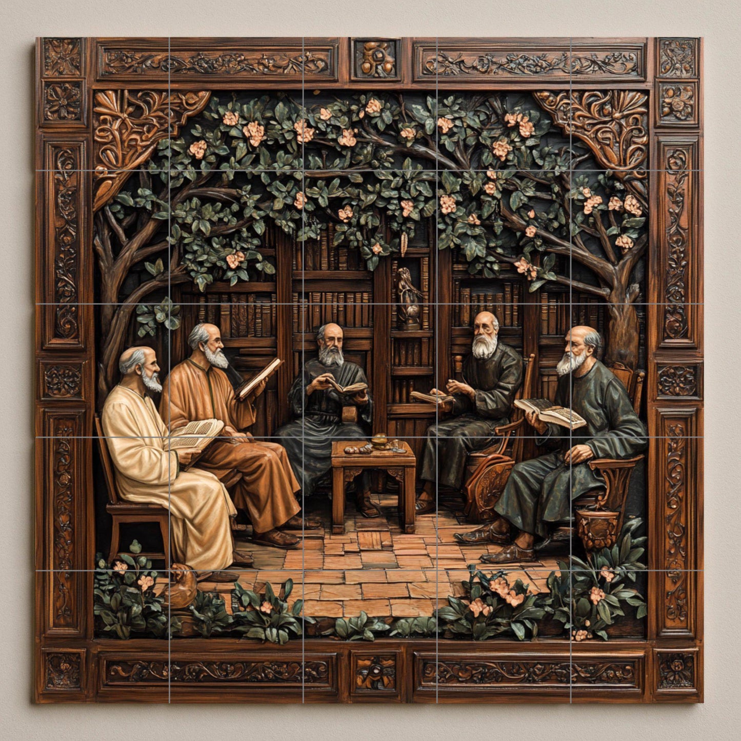 Medieval monastic ceramic tile mural with scholars reading in cloister library, panel of Renaissance humanist philosophers, neo-Gothic wall