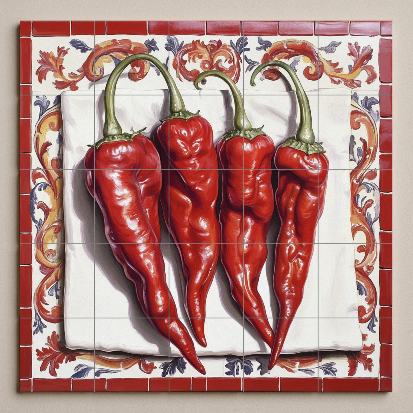 Rustic ceramic tile mural with red chilies, Mediterranean peperoncino wall art, Spanish paprika kitchen backsplash, Mexican red chili