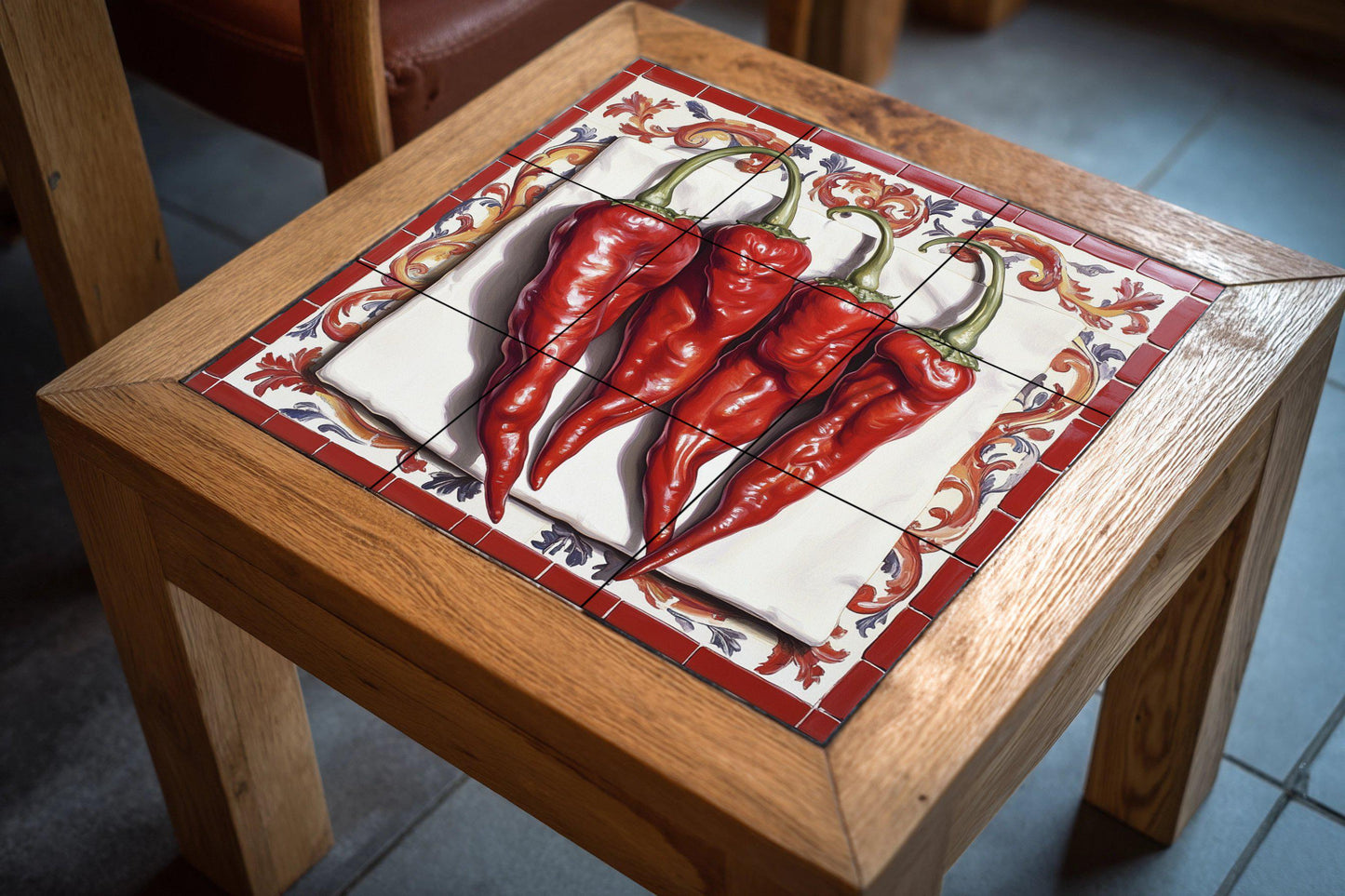 Rustic ceramic tile mural with red chilies, Mediterranean peperoncino wall art, Spanish paprika kitchen backsplash, Mexican red chili
