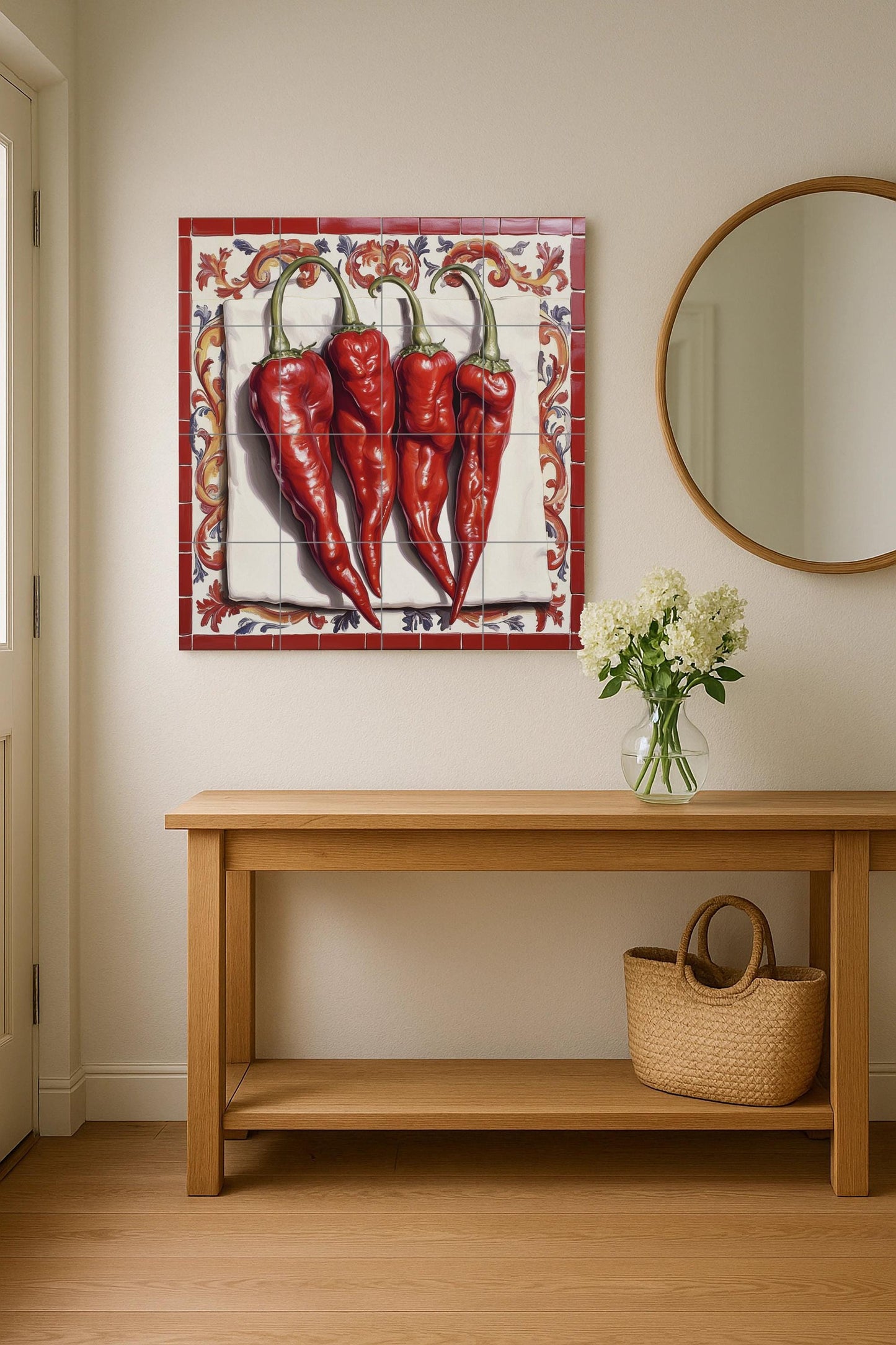 Rustic ceramic tile mural with red chilies, Mediterranean peperoncino wall art, Spanish paprika kitchen backsplash, Mexican red chili