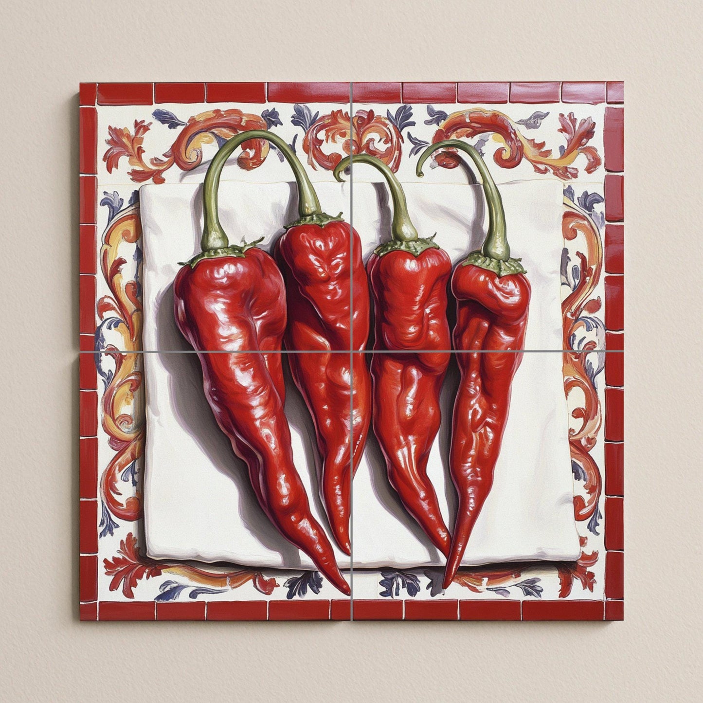 Rustic ceramic tile mural with red chilies, Mediterranean peperoncino wall art, Spanish paprika kitchen backsplash, Mexican red chili
