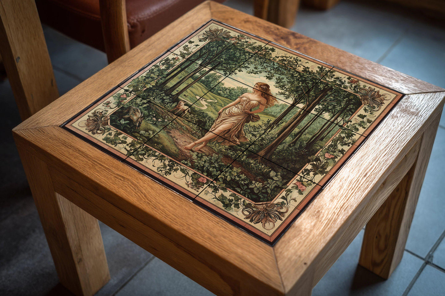 Ceramic tile mural of a mythological forest goddess with pastoral allegory, panel with Arcadian woodland landscape, Pre-Raphaelite decorative mural art