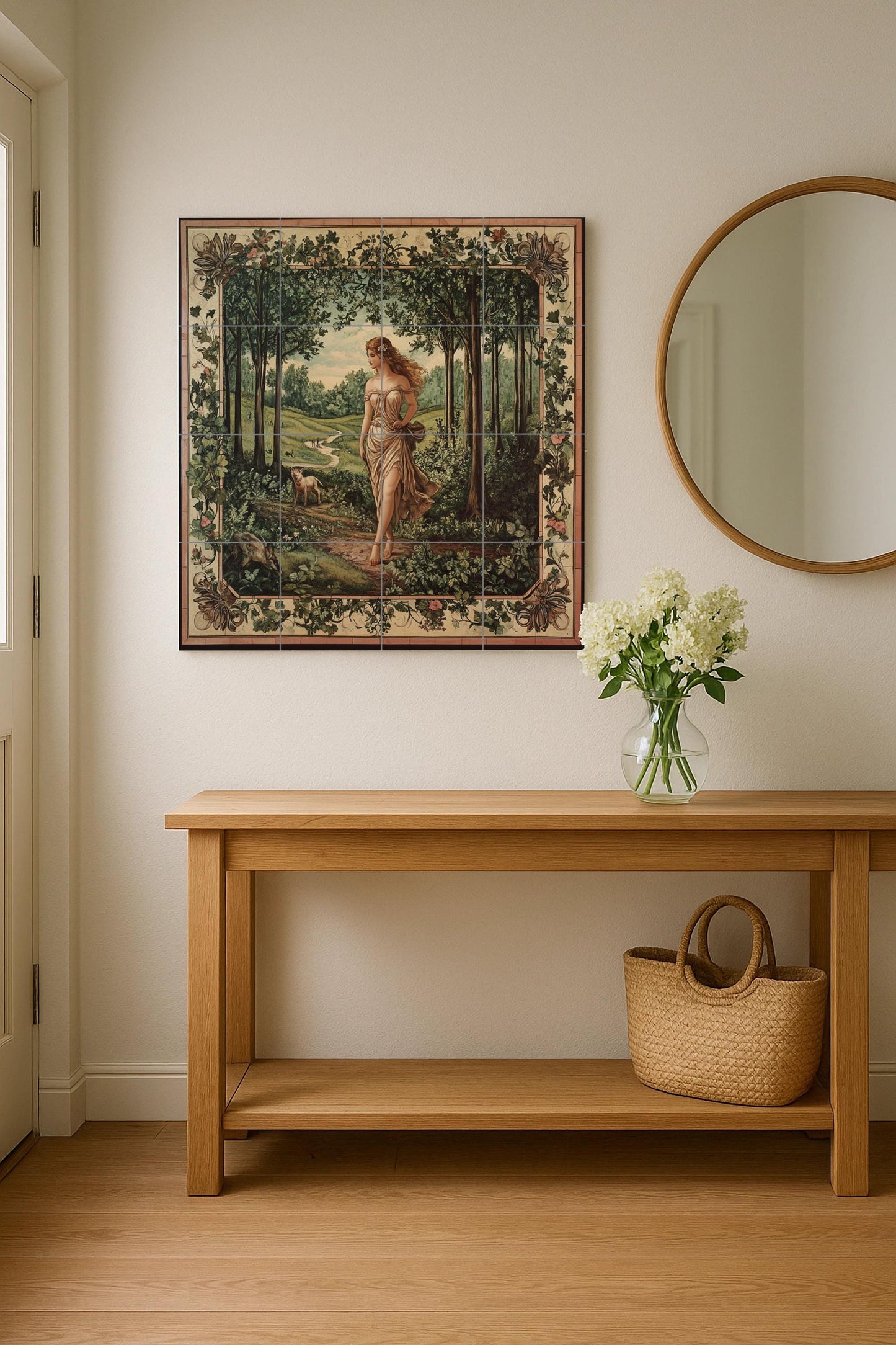 Ceramic tile mural of a mythological forest goddess with pastoral allegory, panel with Arcadian woodland landscape, Pre-Raphaelite decorative mural art