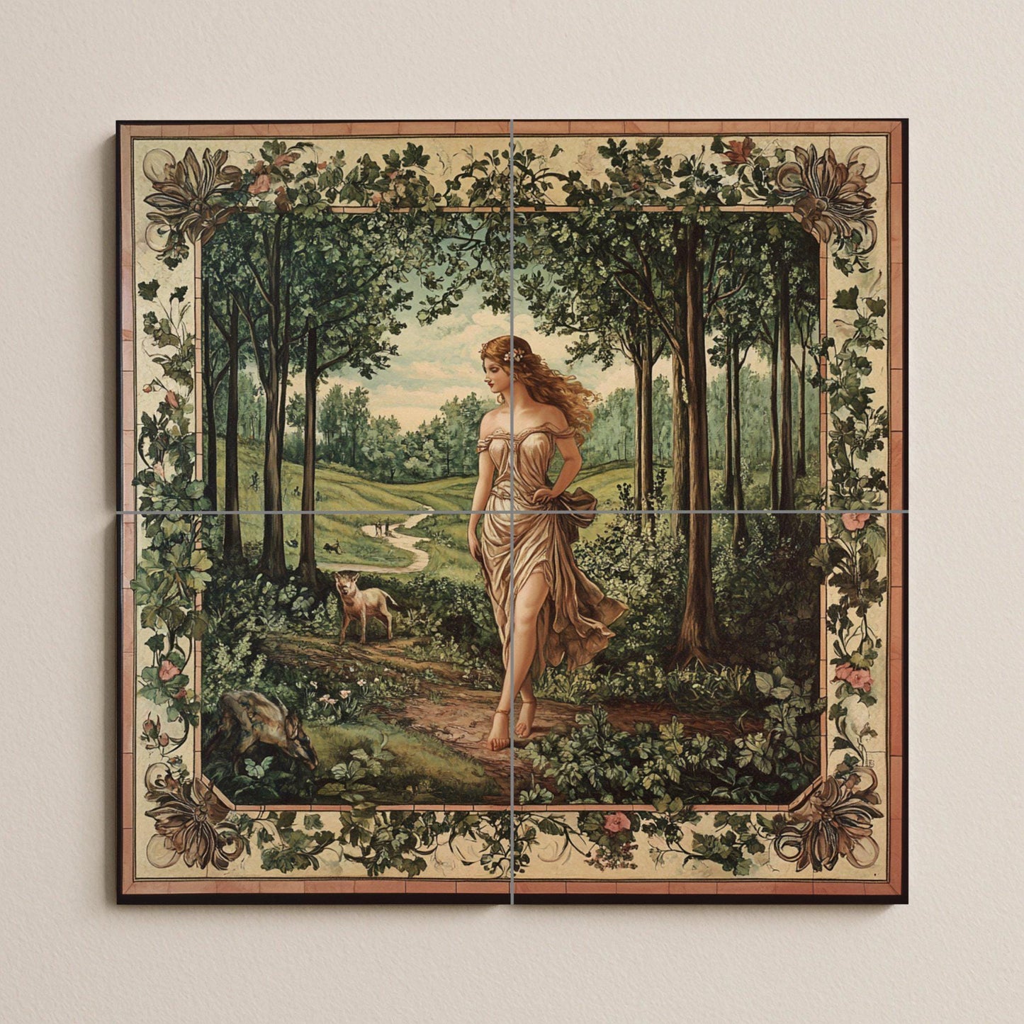 Ceramic tile mural of a mythological forest goddess with pastoral allegory, panel with Arcadian woodland landscape, Pre-Raphaelite decorative mural art