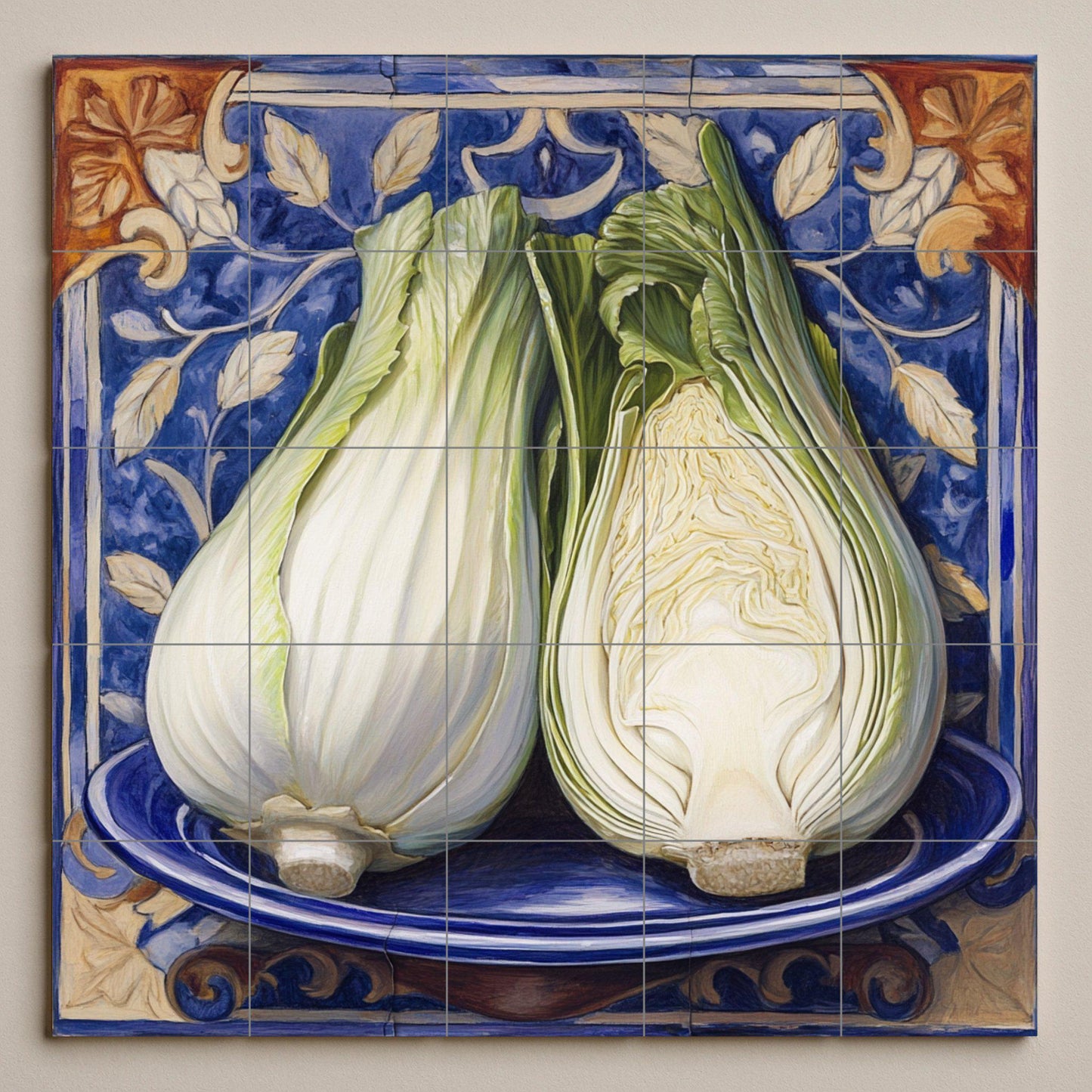 Italian fennel ceramic tile mural with rustic majolica blue border, Mediterranean kitchen vegetable wall art, Sicilian farm kitchen