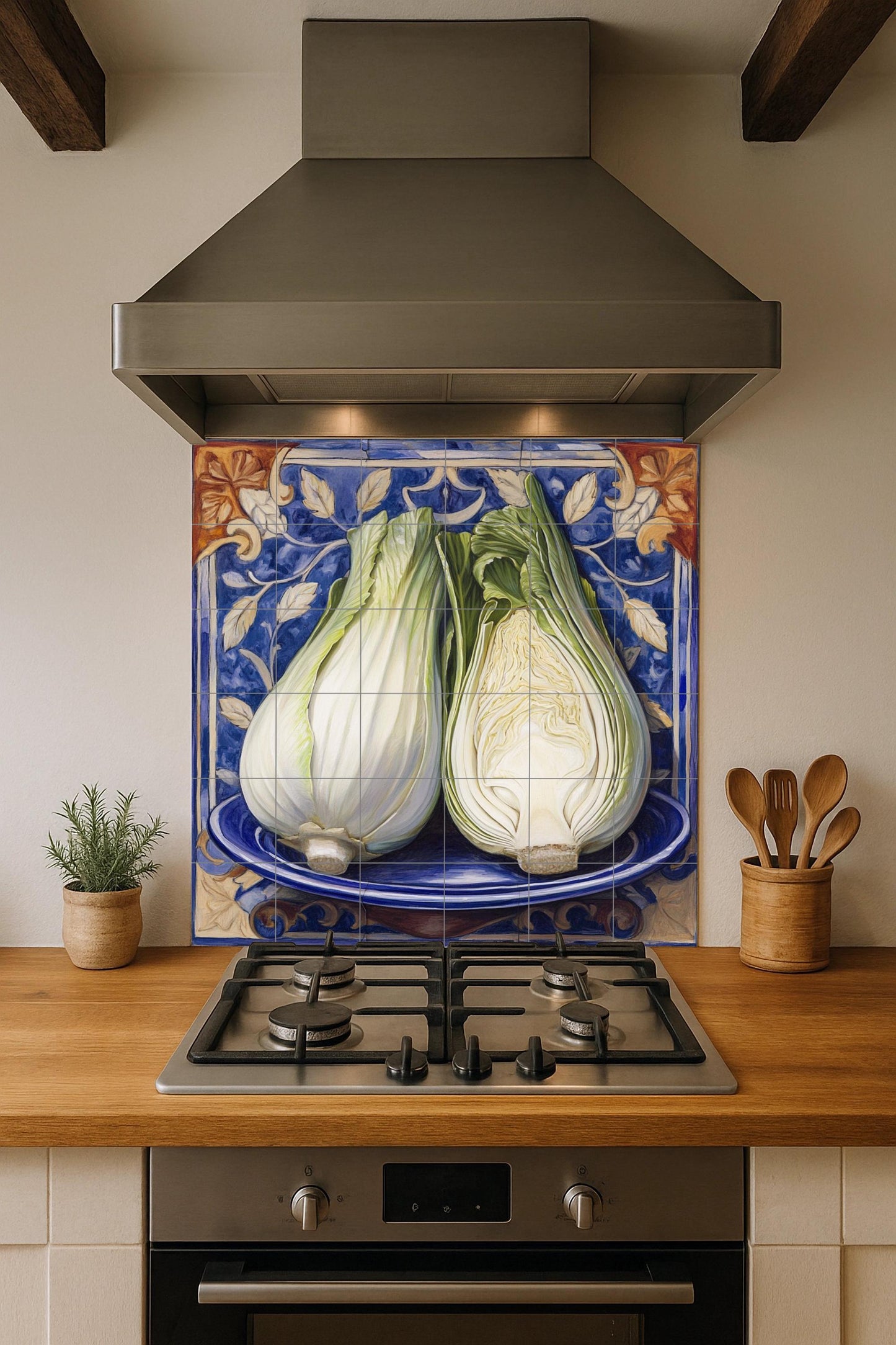 Italian fennel ceramic tile mural with rustic majolica blue border, Mediterranean kitchen vegetable wall art, Sicilian farm kitchen