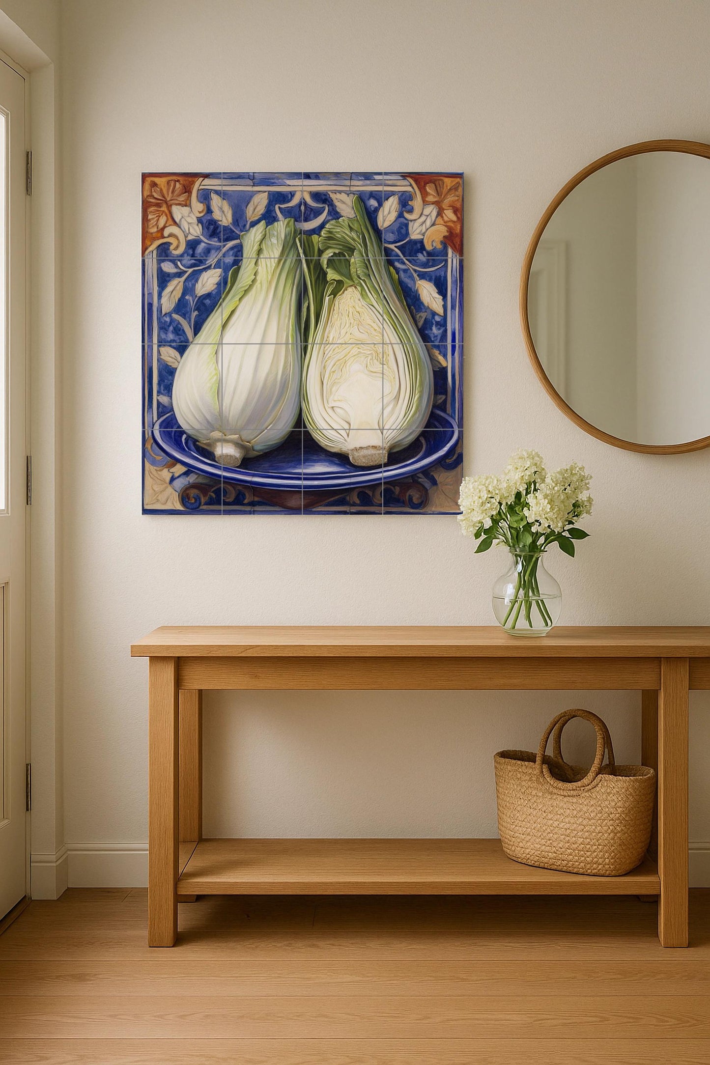 Italian fennel ceramic tile mural with rustic majolica blue border, Mediterranean kitchen vegetable wall art, Sicilian farm kitchen