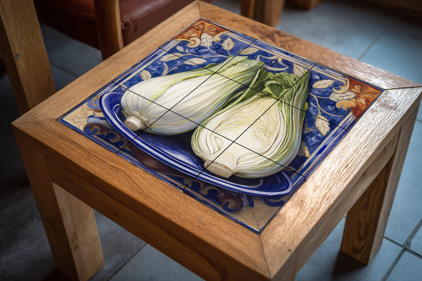 Italian fennel ceramic tile mural with rustic majolica blue border, Mediterranean kitchen vegetable wall art, Sicilian farm kitchen