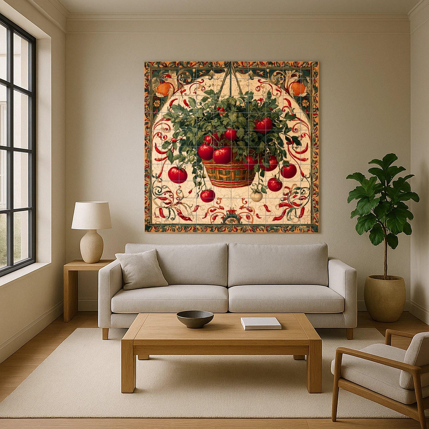 Rustic Italian ceramic tile mural with hanging basket of tomatoes and chilies, Sicilian kitchen majolica wall art, Mediterranean farmhouse