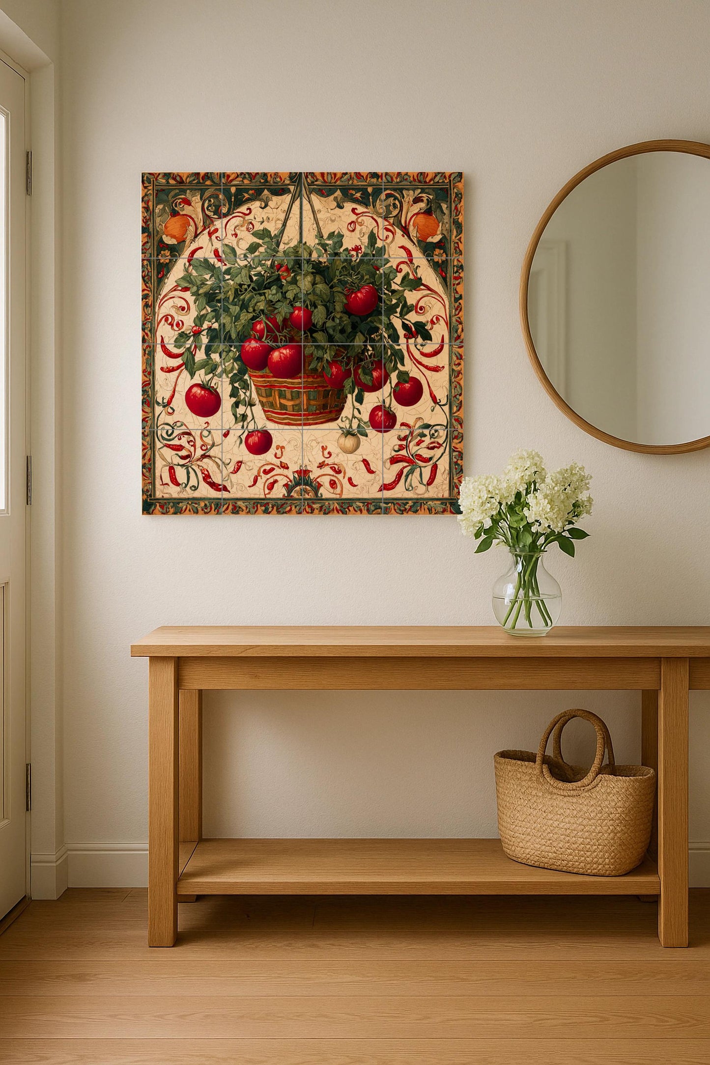 Rustic Italian ceramic tile mural with hanging basket of tomatoes and chilies, Sicilian kitchen majolica wall art, Mediterranean farmhouse
