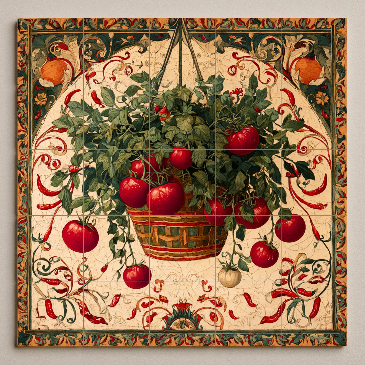Rustic Italian ceramic tile mural with hanging basket of tomatoes and chilies, Sicilian kitchen majolica wall art, Mediterranean farmhouse