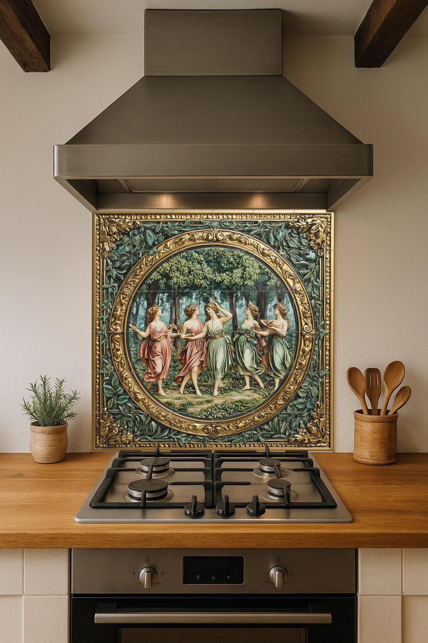 Renaissance ceramic tile mural with mythological dancing grace, neoclassical allegory fresco, Florentine villa wall decorative art