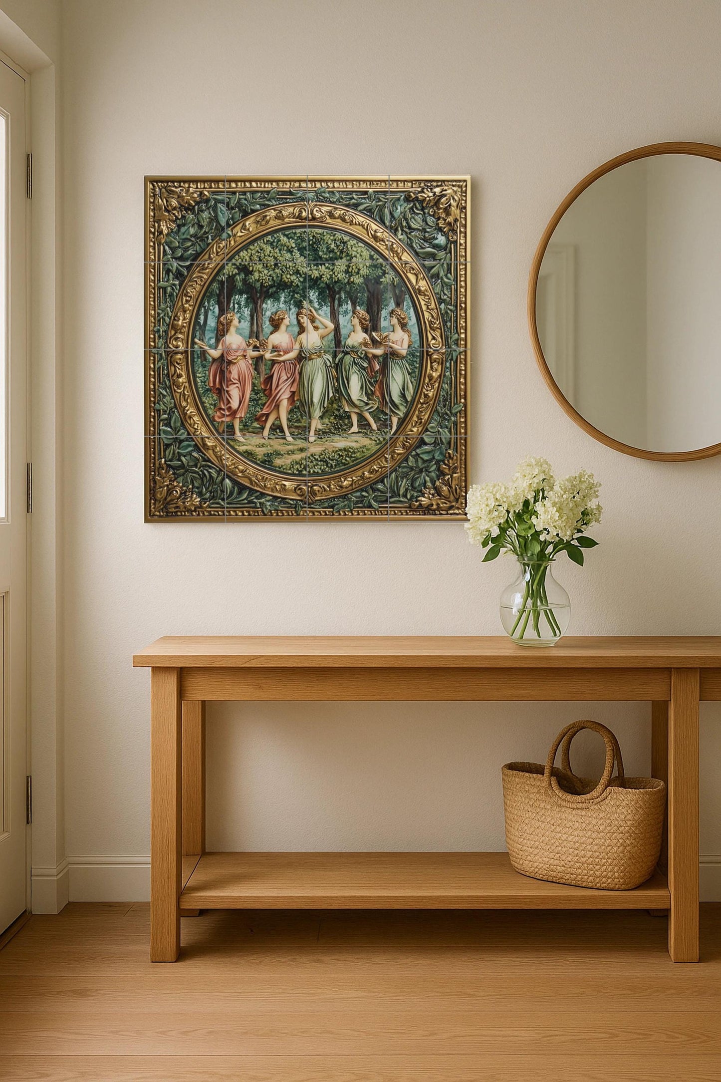 Renaissance ceramic tile mural with mythological dancing grace, neoclassical allegory fresco, Florentine villa wall decorative art