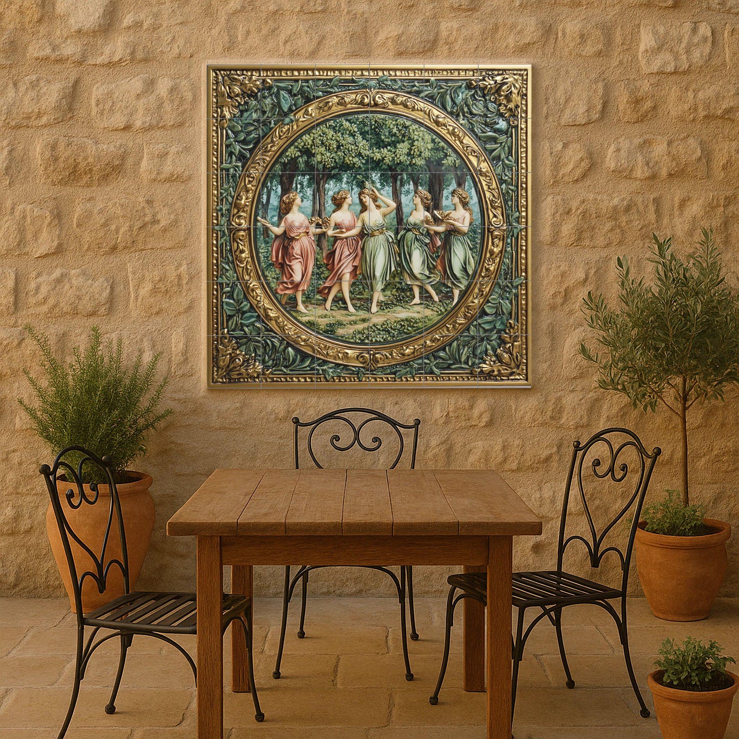 Renaissance ceramic tile mural with mythological dancing grace, neoclassical allegory fresco, Florentine villa wall decorative art
