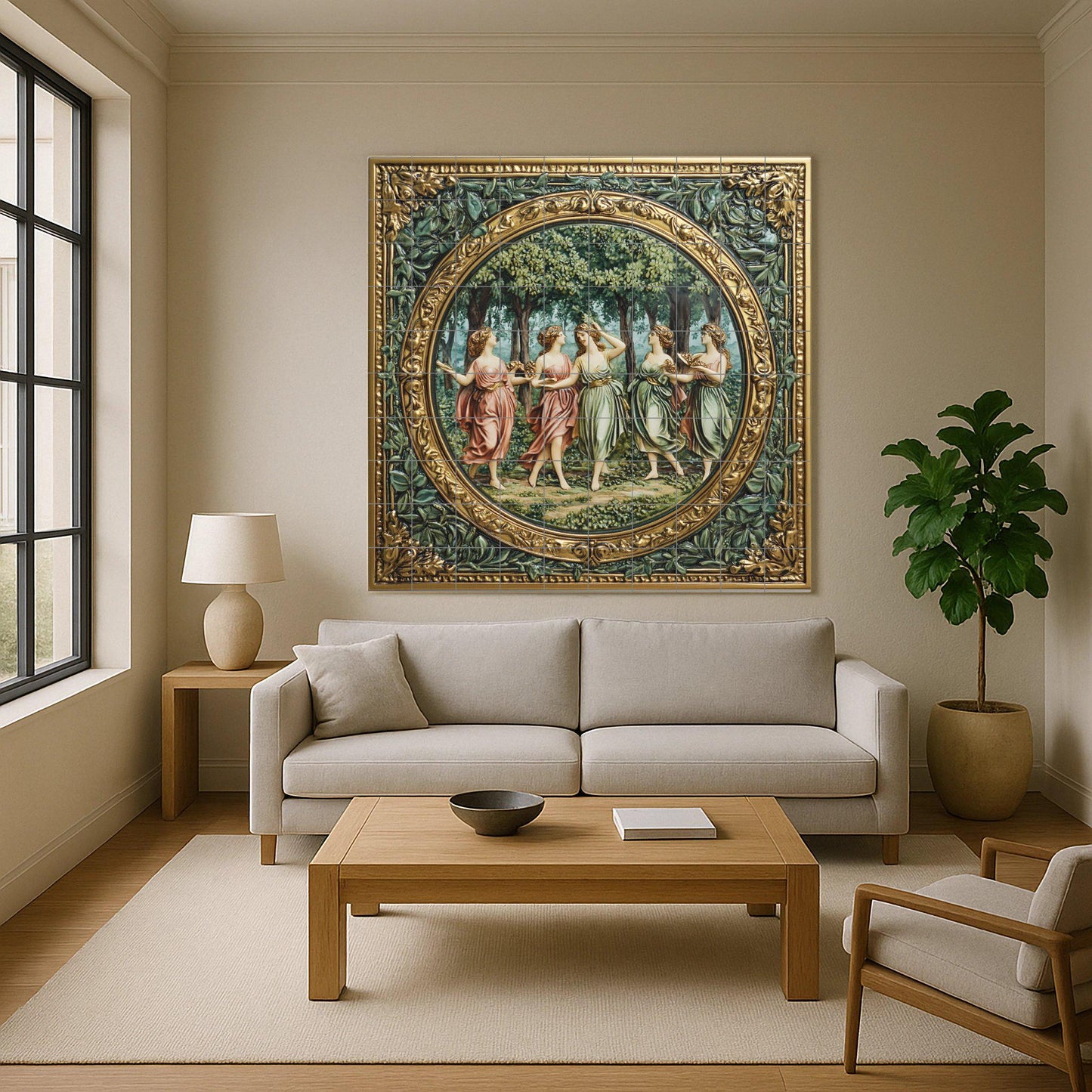 Renaissance ceramic tile mural with mythological dancing grace, neoclassical allegory fresco, Florentine villa wall decorative art