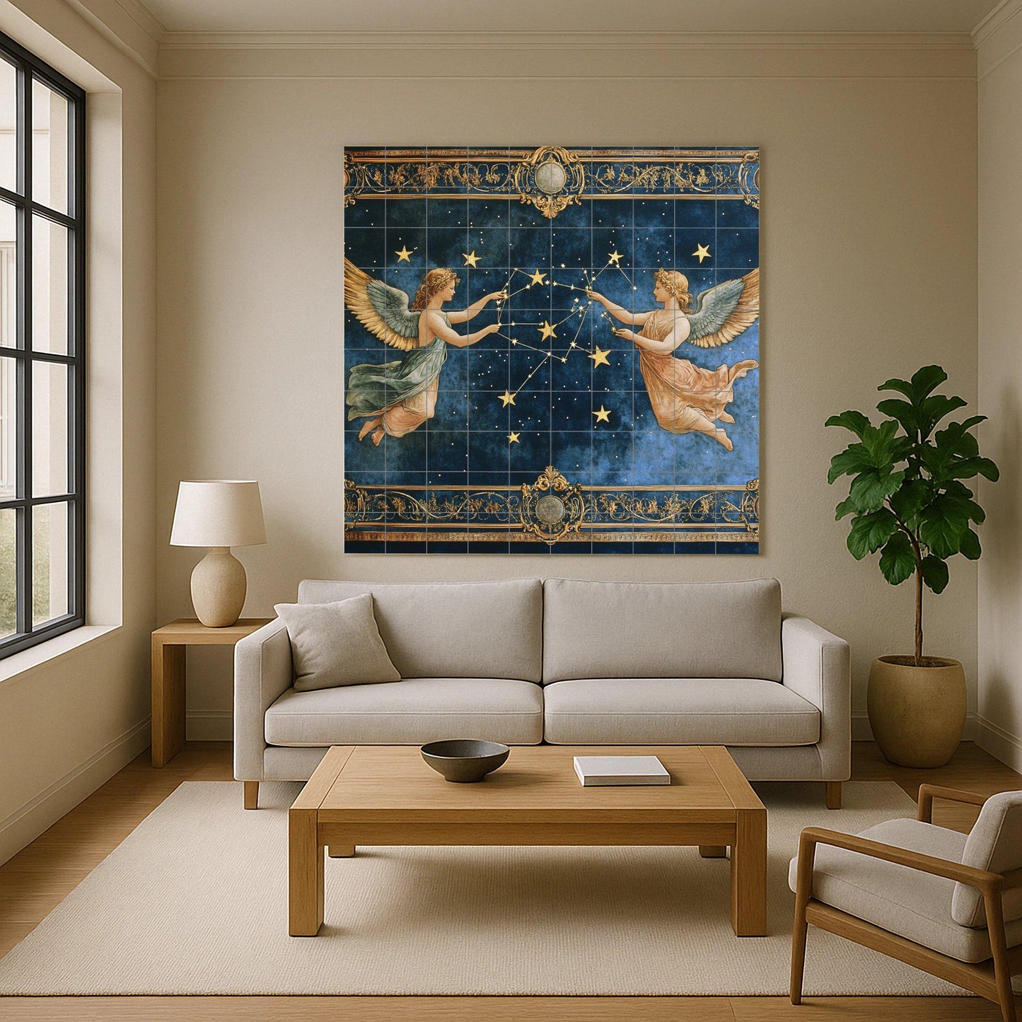 Celestial Renaissance ceramic tile mural with zodiac constellations, angels and mythological stars, astrological wall art decorative panel.