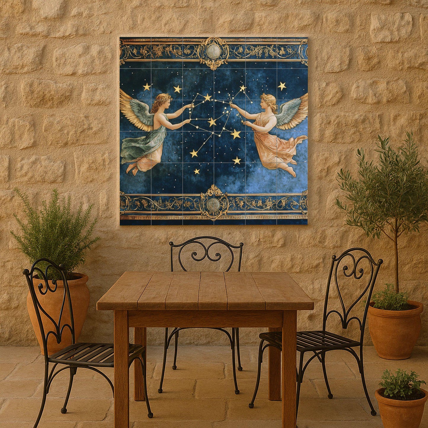 Celestial Renaissance ceramic tile mural with zodiac constellations, angels and mythological stars, astrological wall art decorative panel.