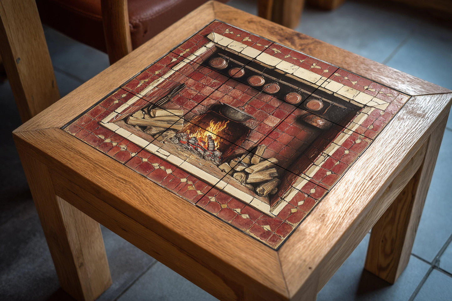 Ceramic tile mural with rustic fireplace / Country kitchen hearth with firewood and copper pots / Vintage decorative wall panel