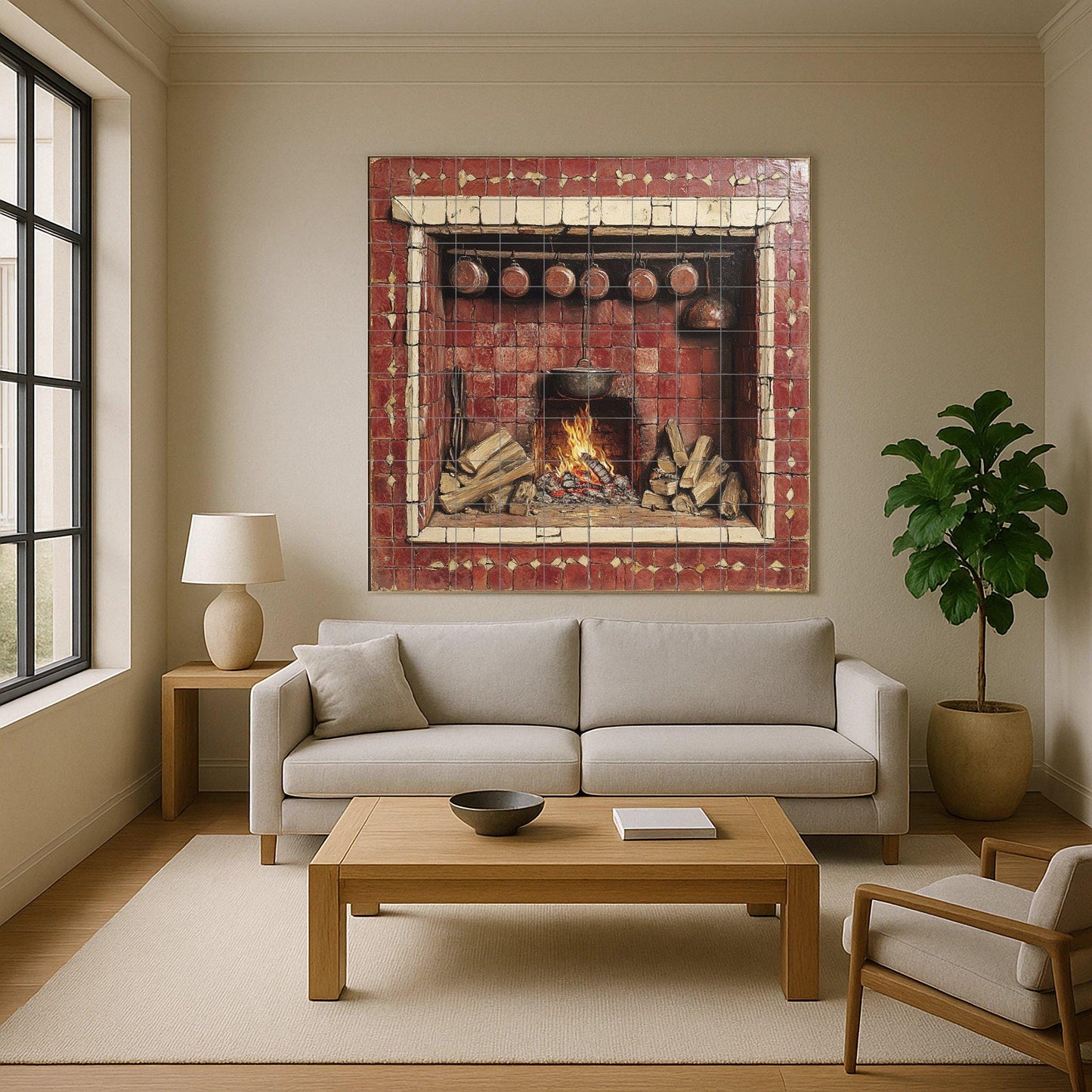 Ceramic tile mural with rustic fireplace / Country kitchen hearth with firewood and copper pots / Vintage decorative wall panel
