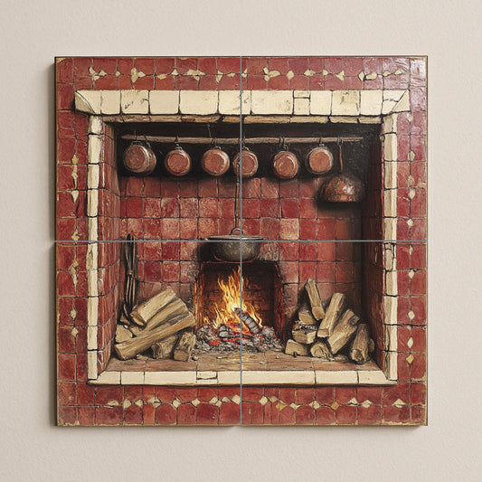 Ceramic tile mural with rustic fireplace / Country kitchen hearth with firewood and copper pots / Vintage decorative wall panel