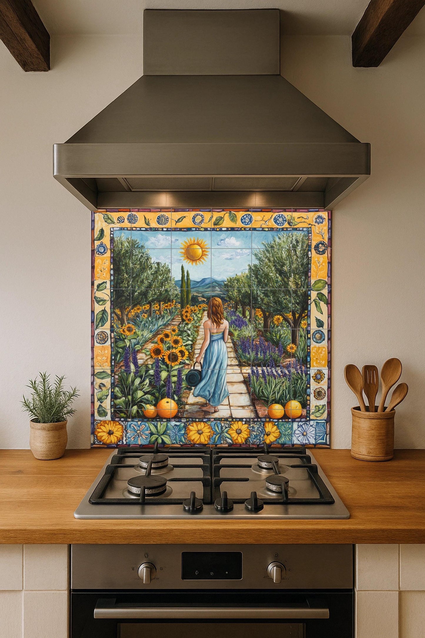 Mural of Tuscan ceramic tiles from Val d'Orcia with lavender terraces, sunflower meadows, cypress road landscape and rustic Italian farmhouse splashback.