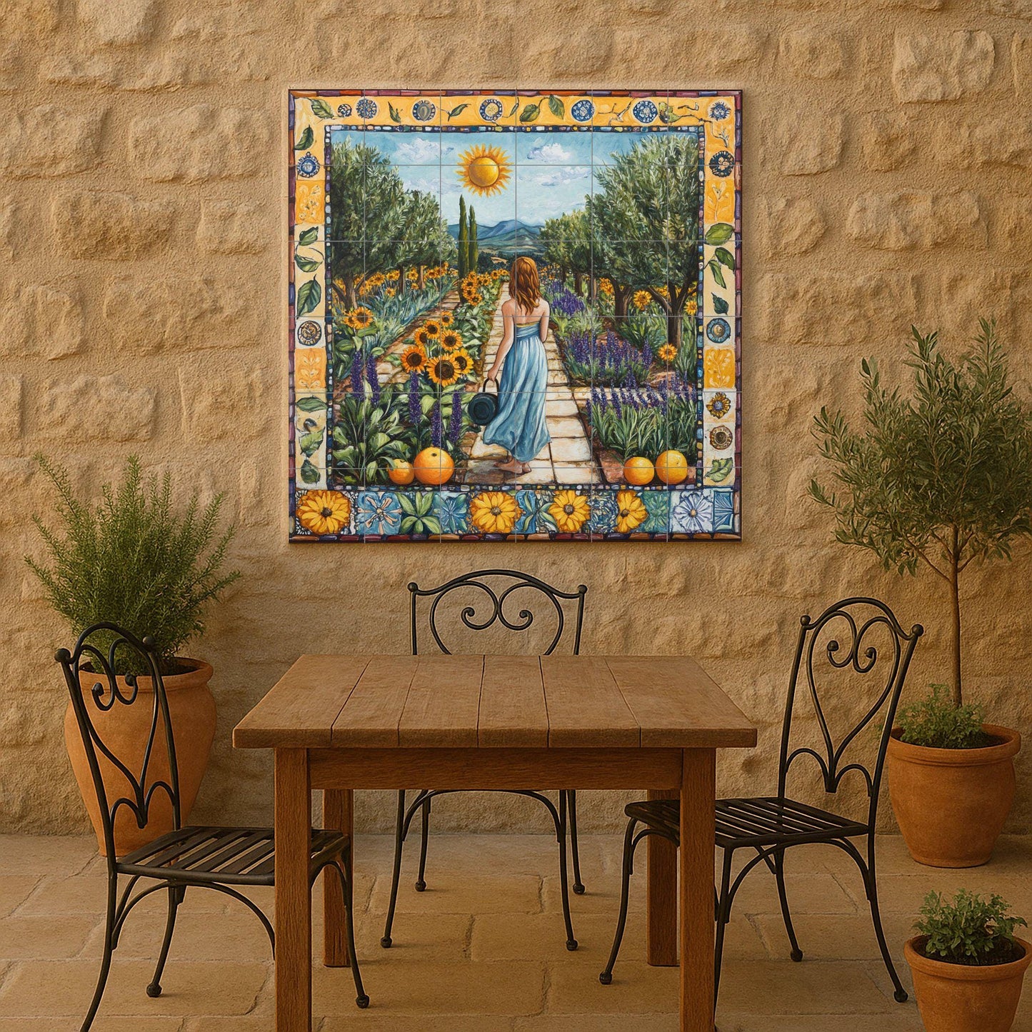 Mural of Tuscan ceramic tiles from Val d'Orcia with lavender terraces, sunflower meadows, cypress road landscape and rustic Italian farmhouse splashback.