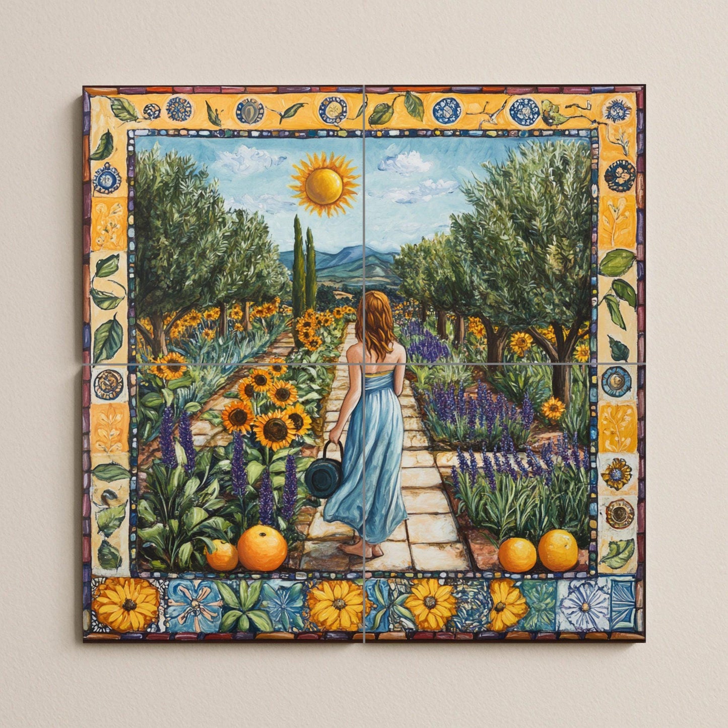 Mural of Tuscan ceramic tiles from Val d'Orcia with lavender terraces, sunflower meadows, cypress road landscape and rustic Italian farmhouse splashback.