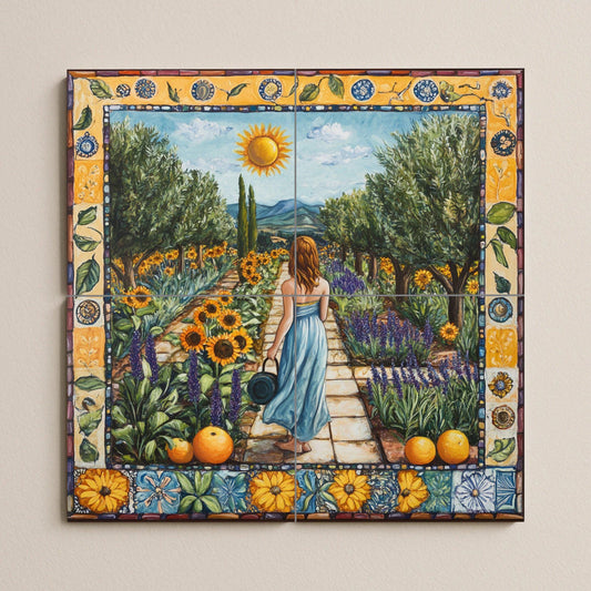 Mural of Tuscan ceramic tiles from Val d'Orcia with lavender terraces, sunflower meadows, cypress road landscape and rustic Italian farmhouse splashback.