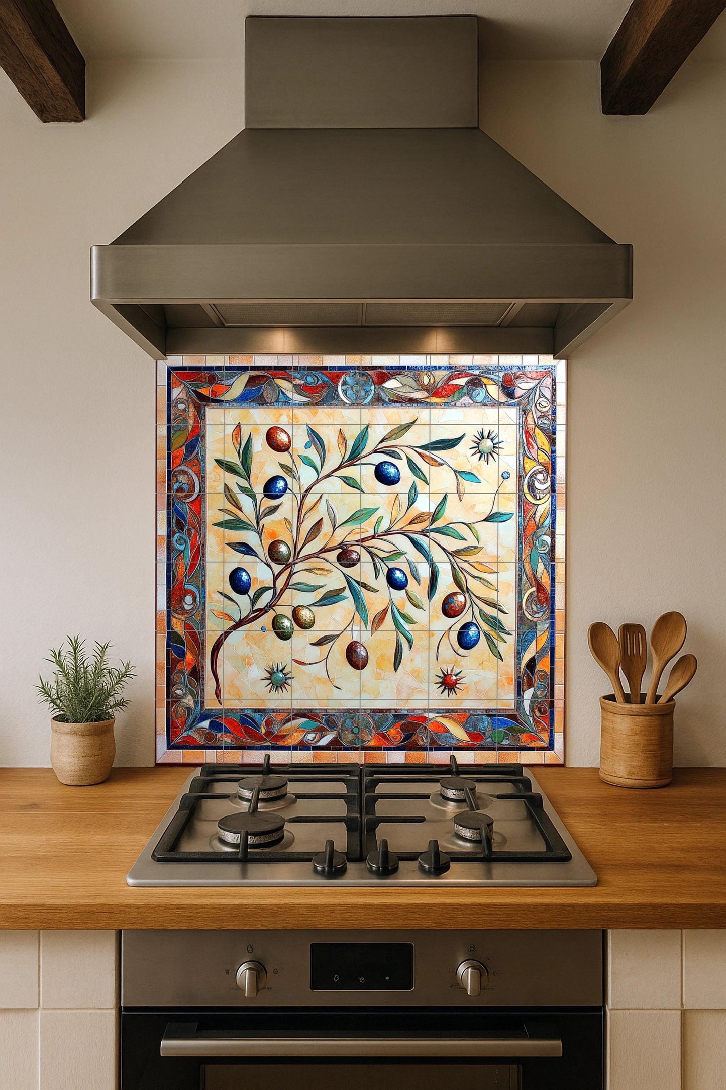 Mediterranean ceramic olive tree wall mural with hand-drawn colorful branches, artistic decorative tile panel for kitchen backsplash