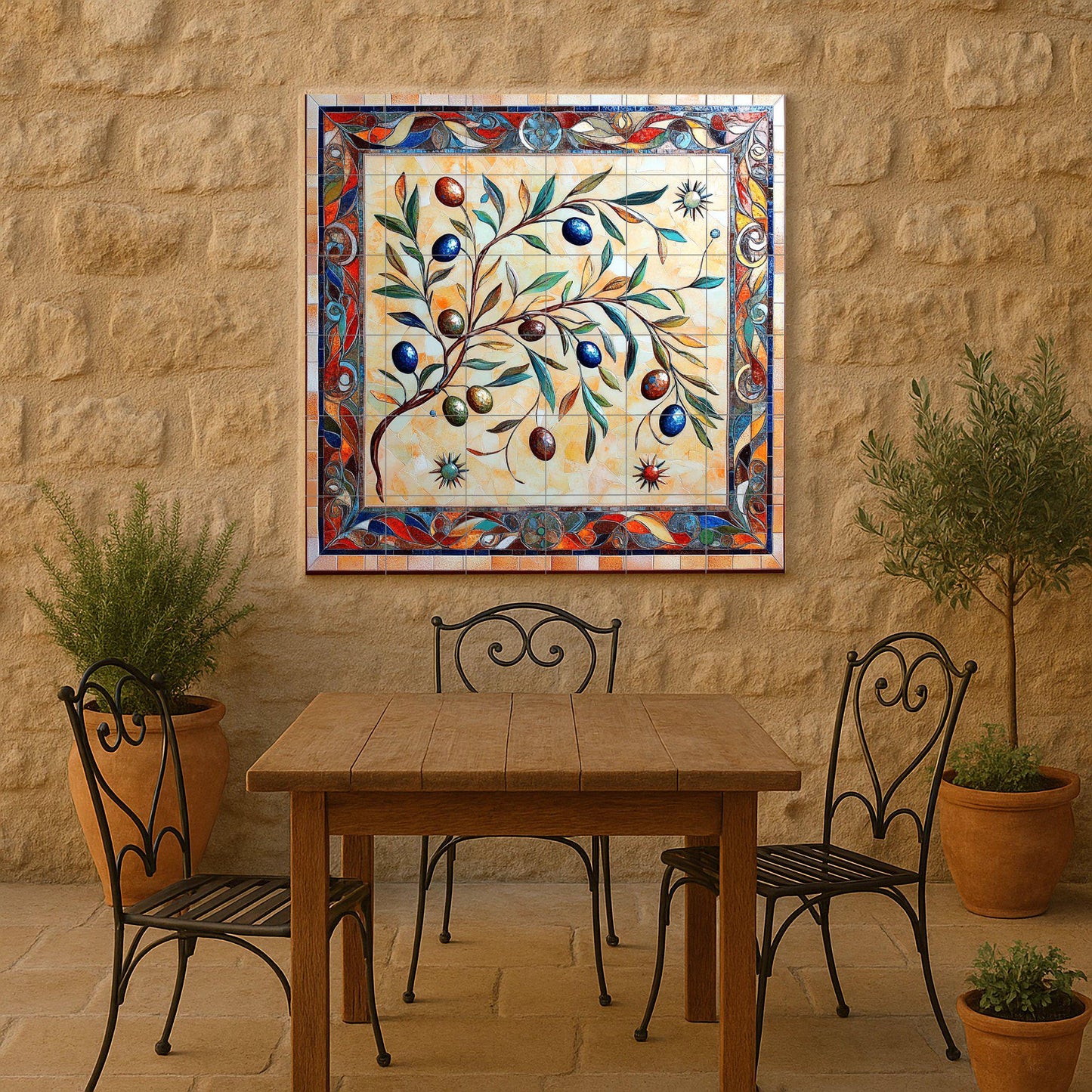 Mediterranean ceramic olive tree wall mural with hand-drawn colorful branches, artistic decorative tile panel for kitchen backsplash