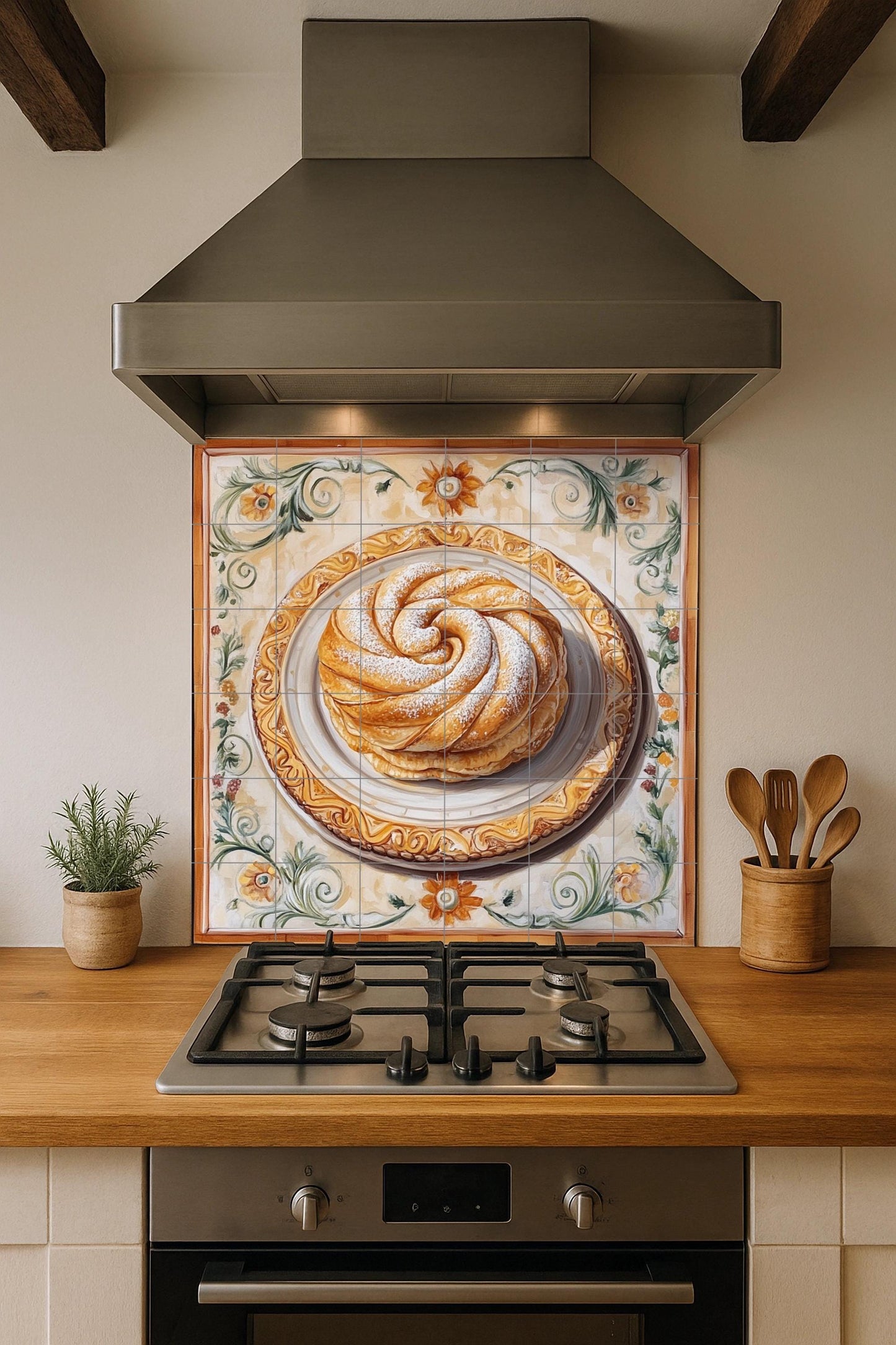 Ensaimada ceramic tile mural from Mallorca / Traditional Spanish pastry art / Mediterranean kitchen wall decoration