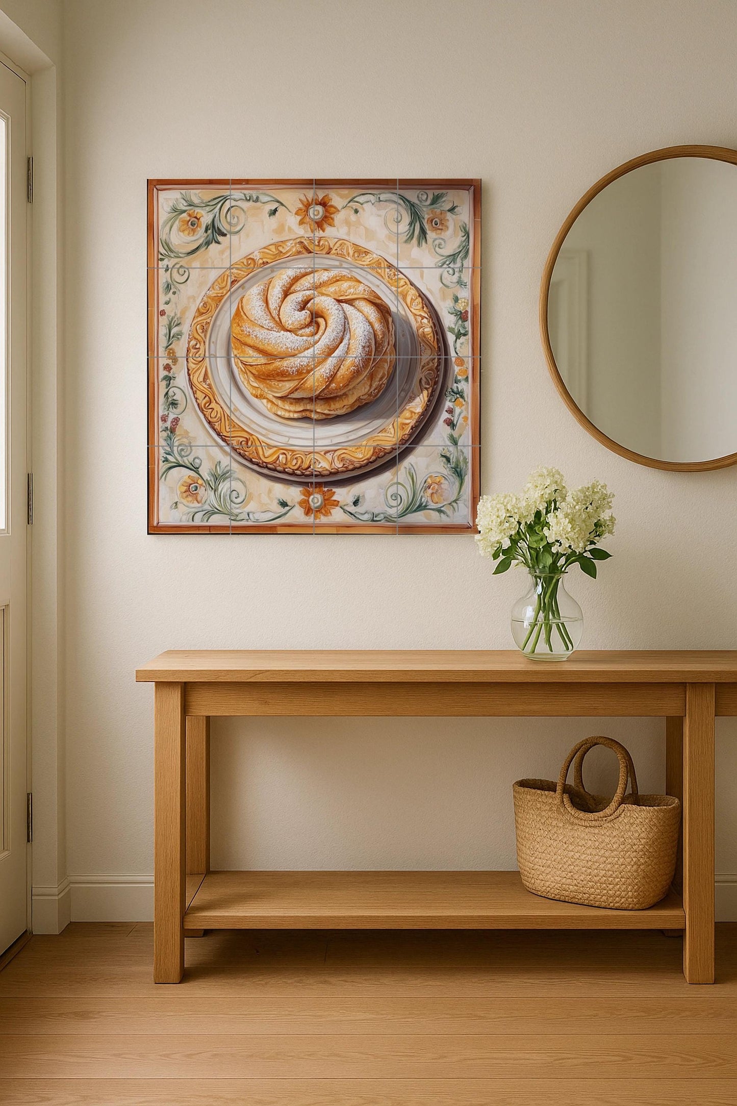 Ensaimada ceramic tile mural from Mallorca / Traditional Spanish pastry art / Mediterranean kitchen wall decoration