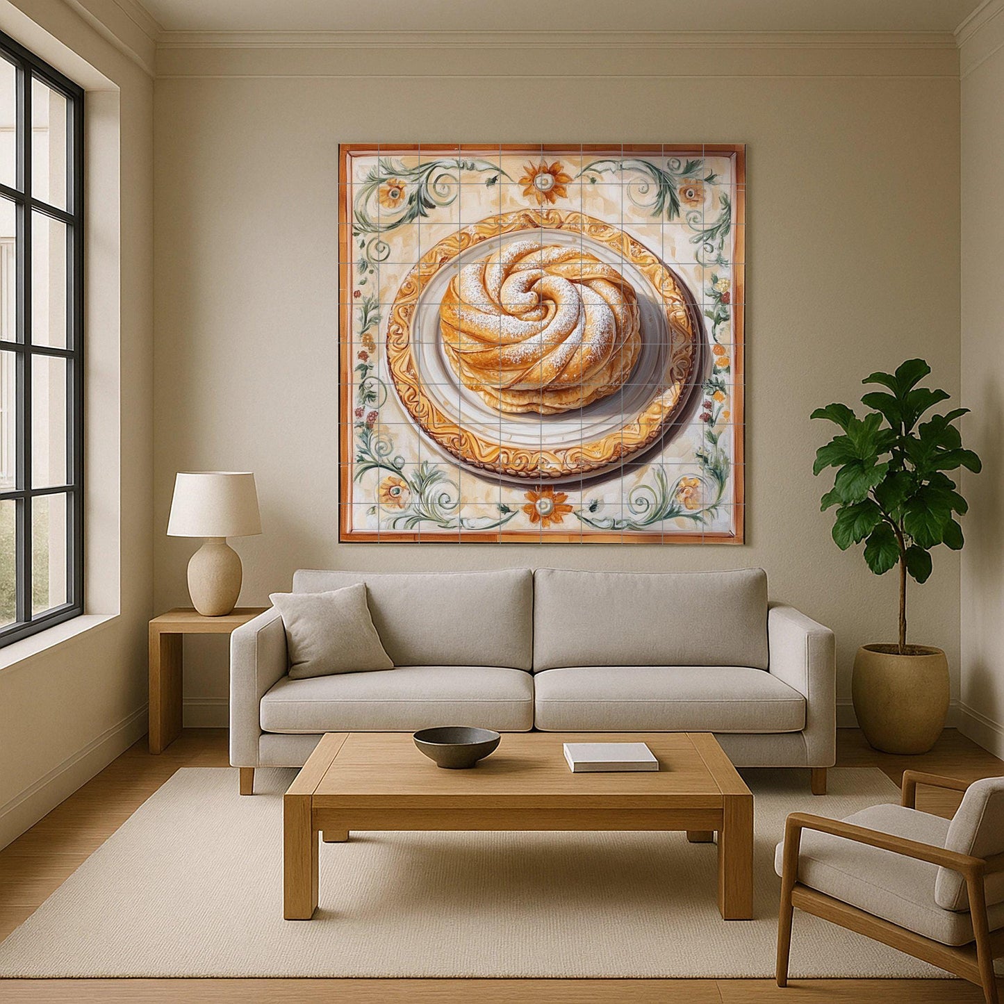 Ensaimada ceramic tile mural from Mallorca / Traditional Spanish pastry art / Mediterranean kitchen wall decoration
