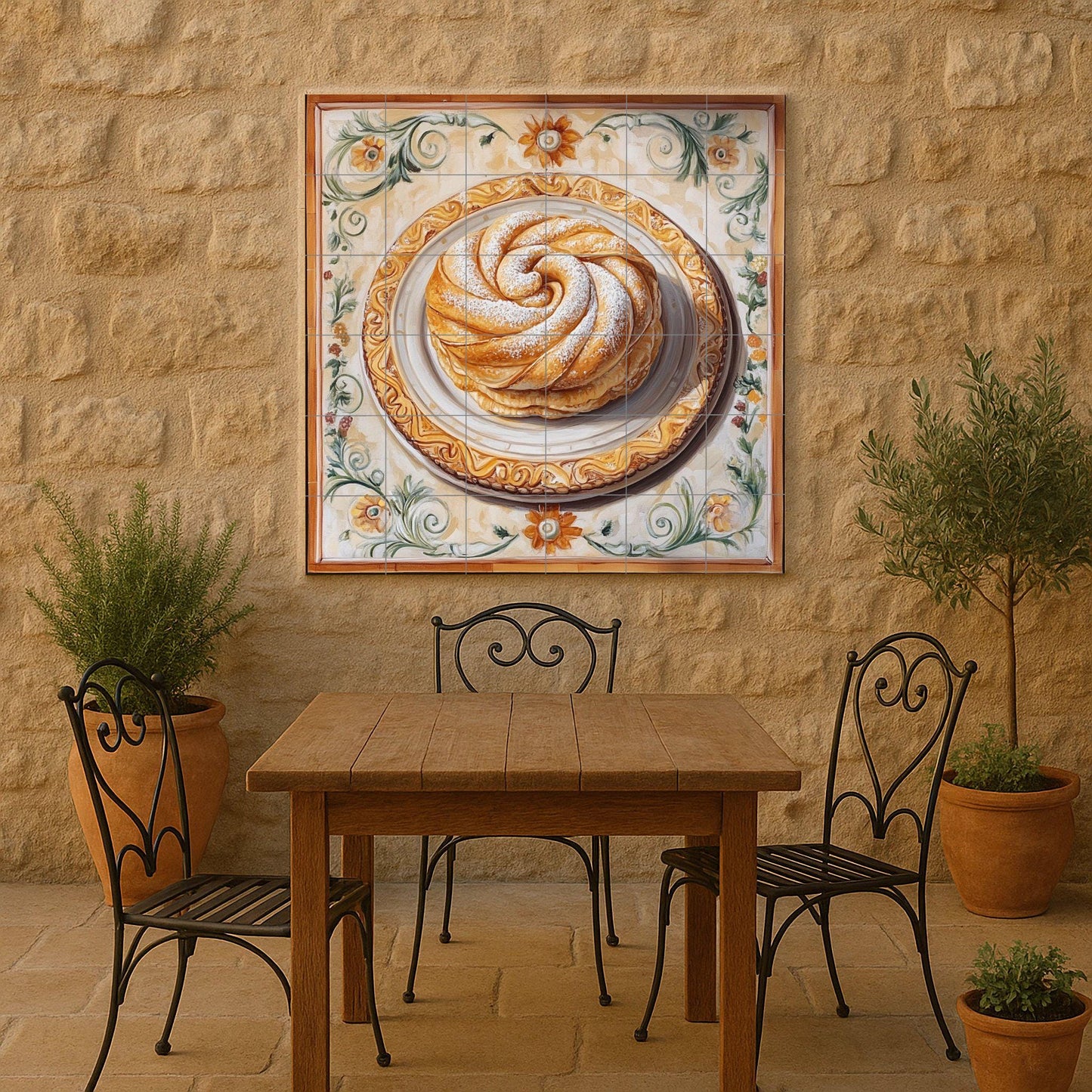 Ensaimada ceramic tile mural from Mallorca / Traditional Spanish pastry art / Mediterranean kitchen wall decoration