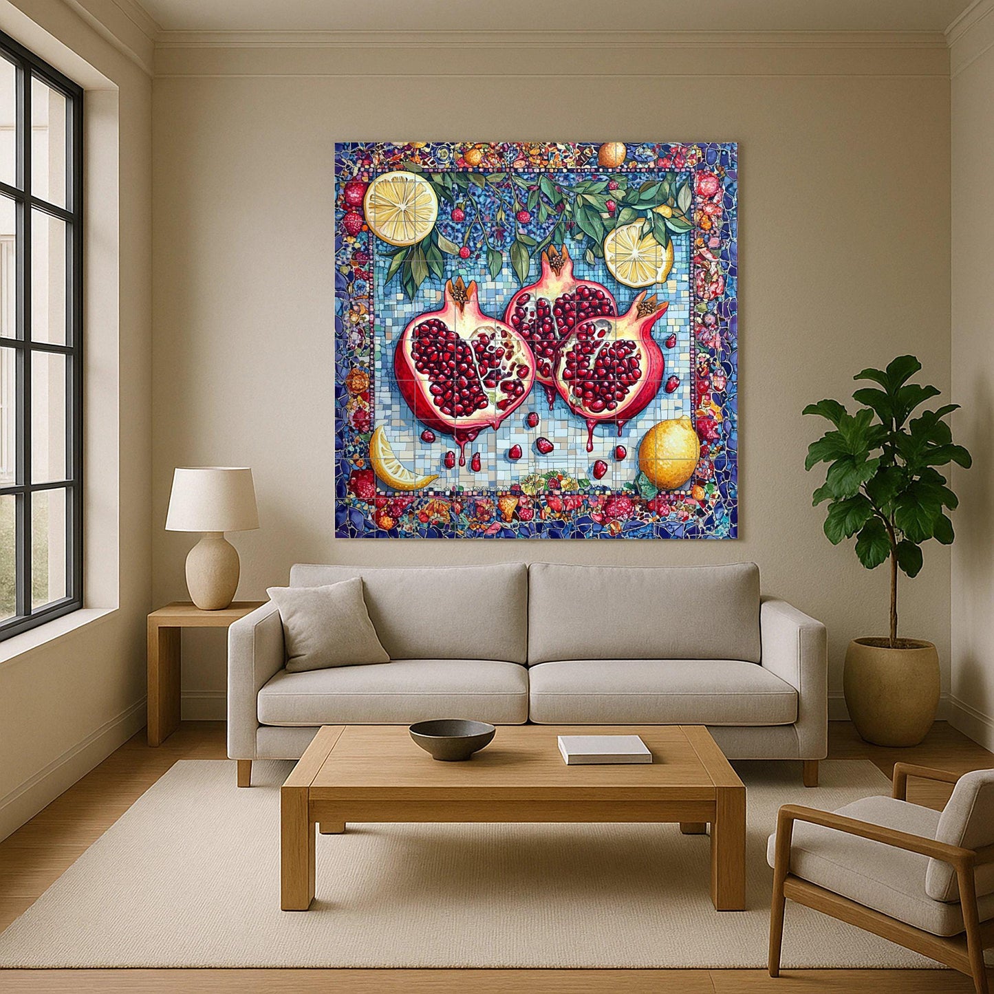 Mediterranean pomegranate ceramic tile mural / Mosaic wall art with lemons and fruit / Symbol of fertility and abundance